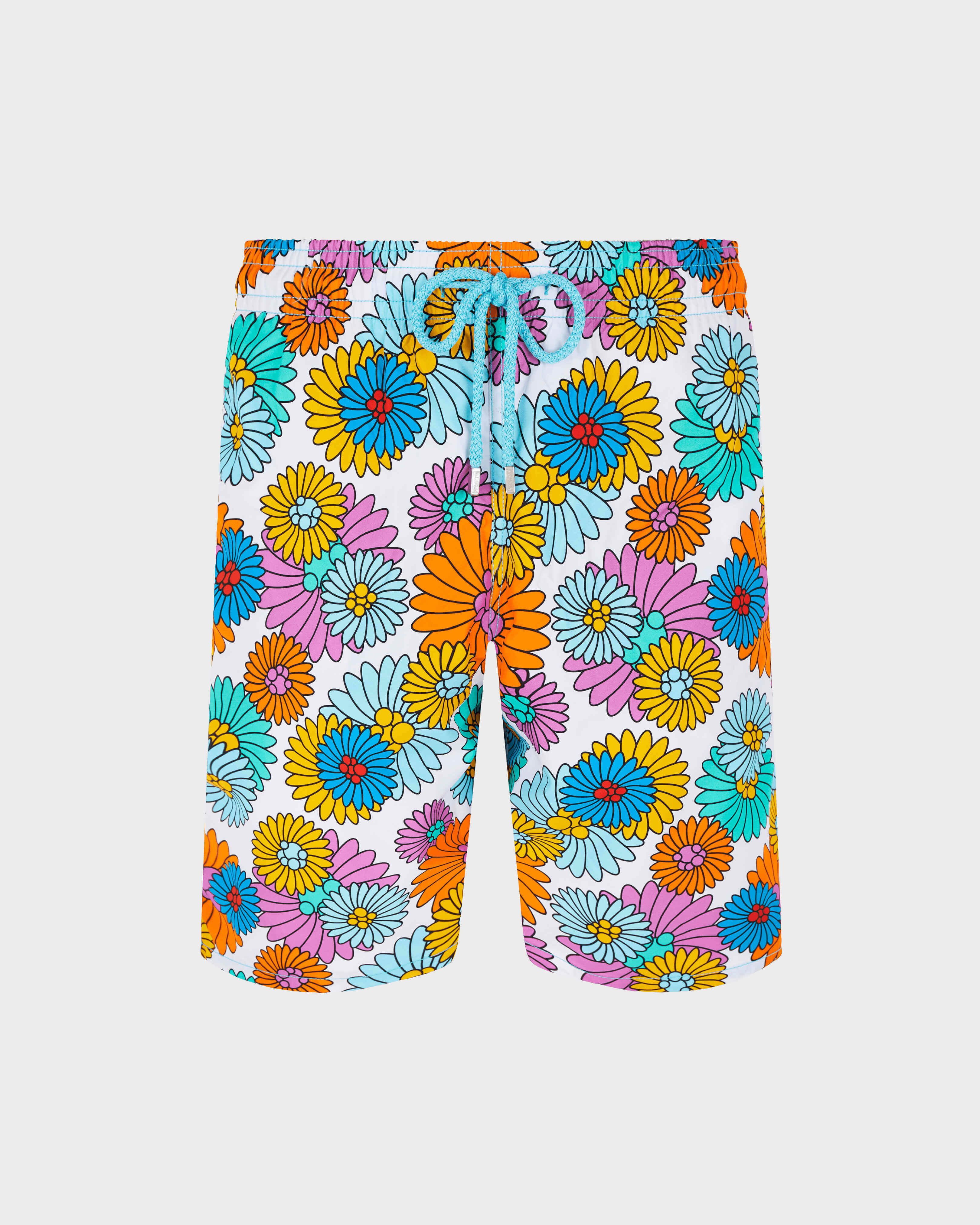 Men Long Swim Shorts Marguerites WHITE front view