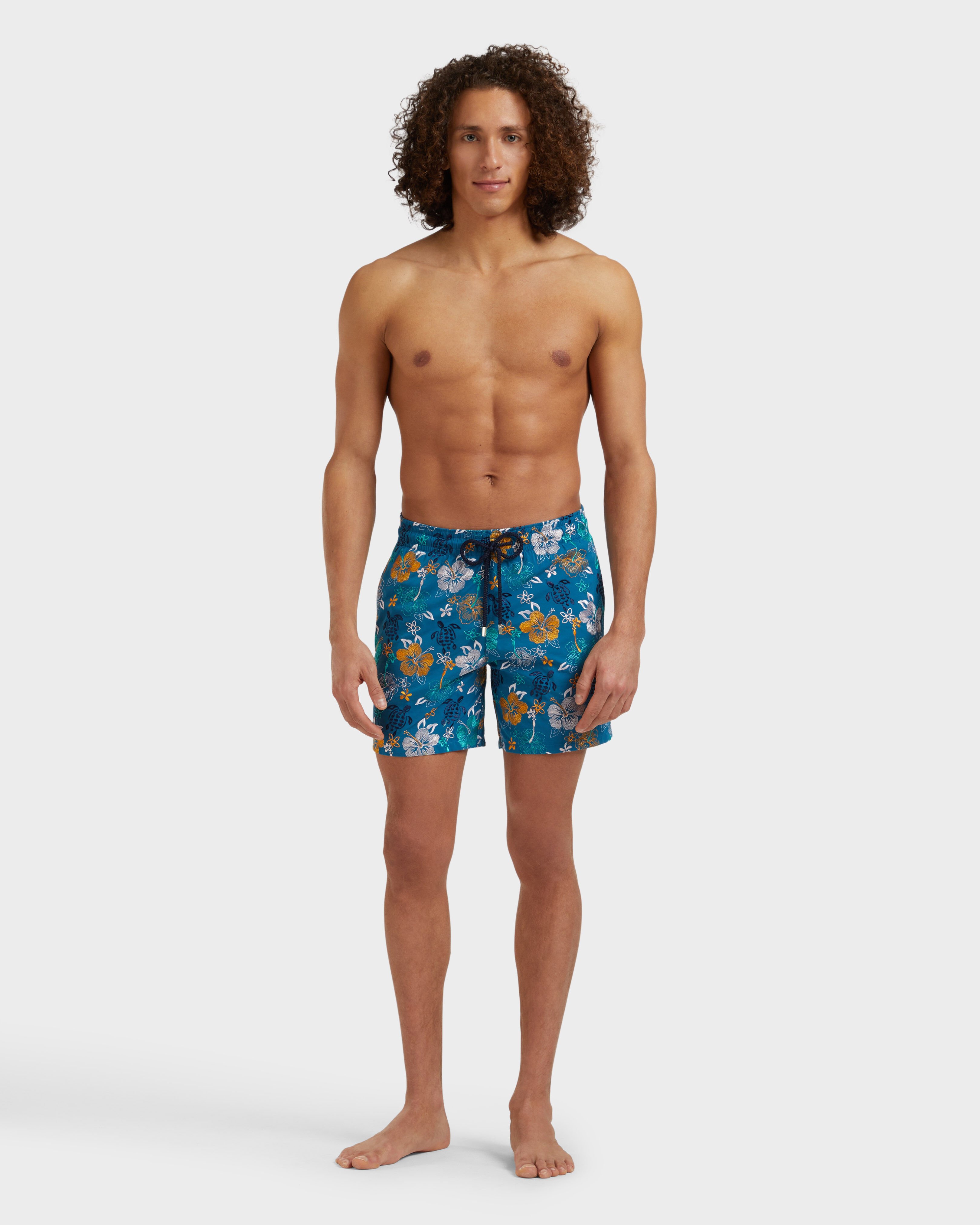 Men Swim Shorts Embroidered Tropical Turtles - Limited Edition PEACOCK frontworn view
