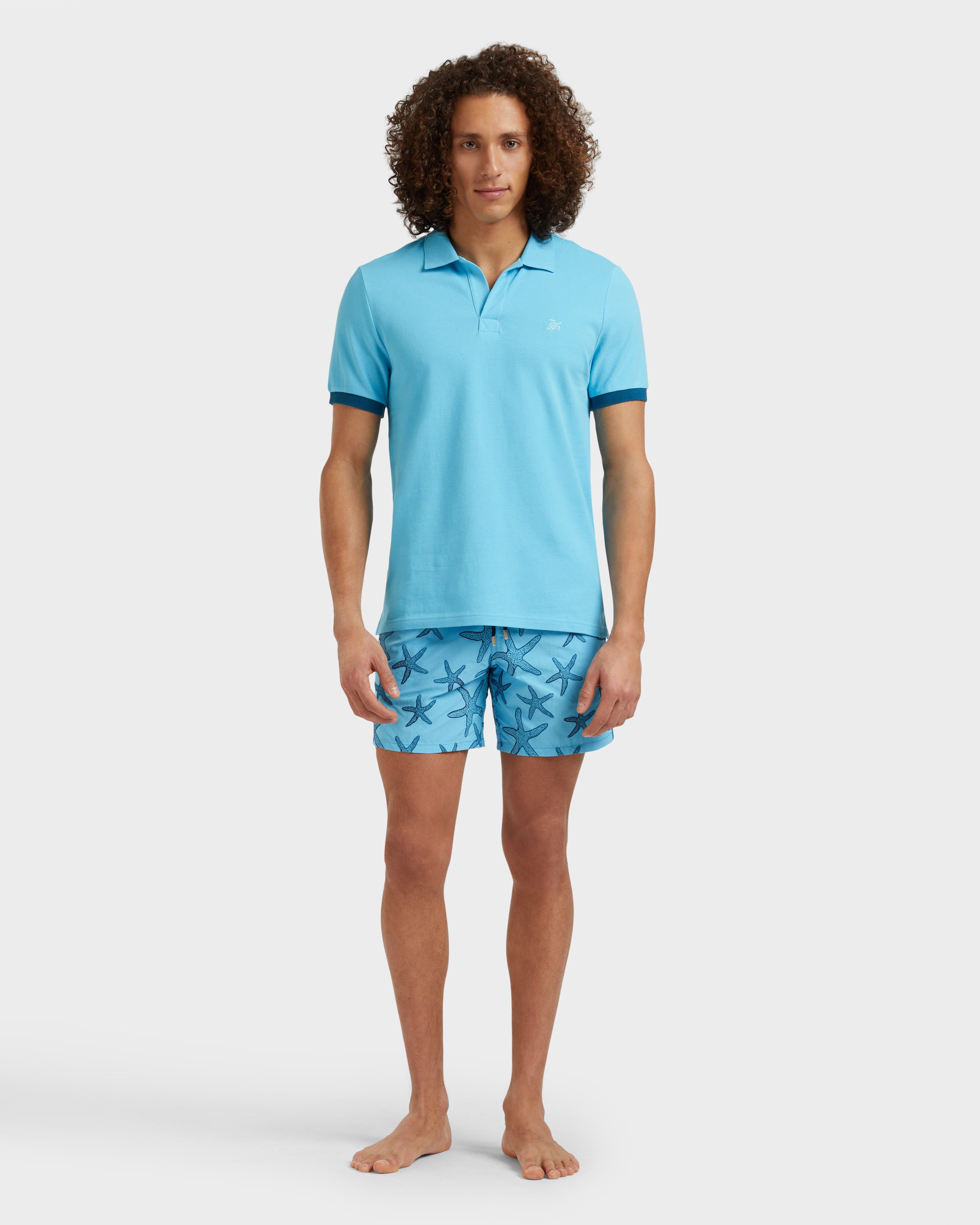 Men Cotton Pique Polo Shirt Solid BLUE TOPAZ frontworn view