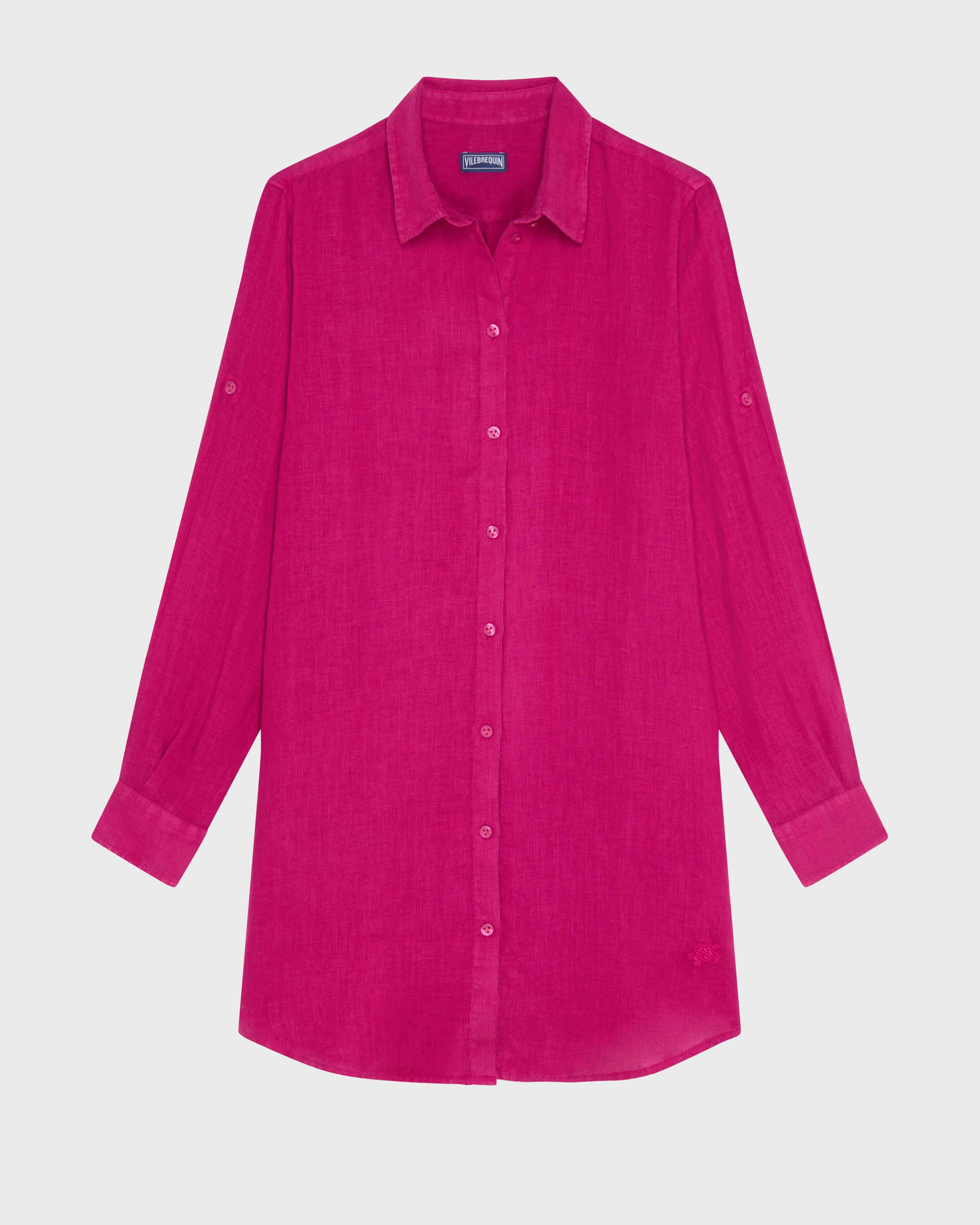 Vestido camisero de lino de color liso para mujer MORADO front view