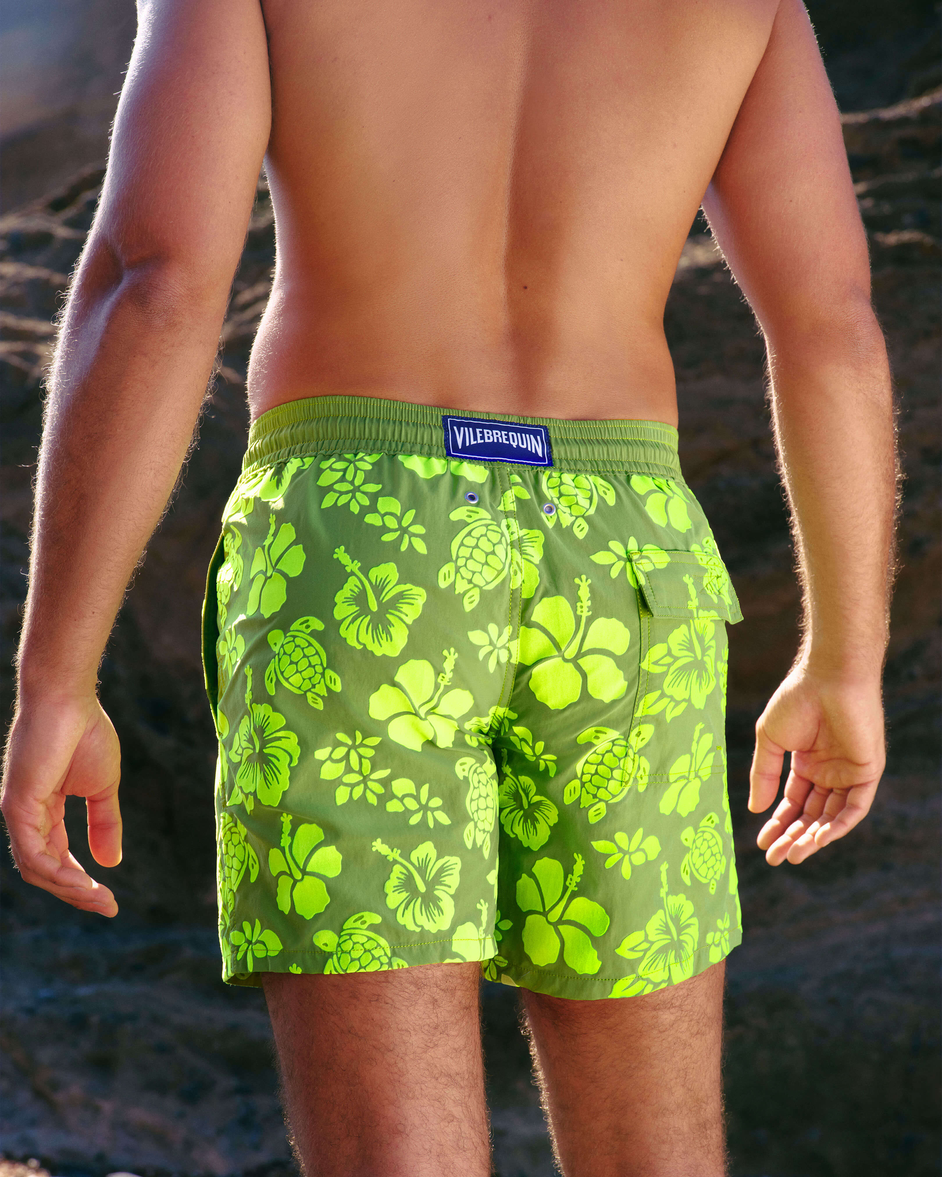 Men Swim Shorts Flocked Tropical Turtles CAMOUPLAGE lifestyle view