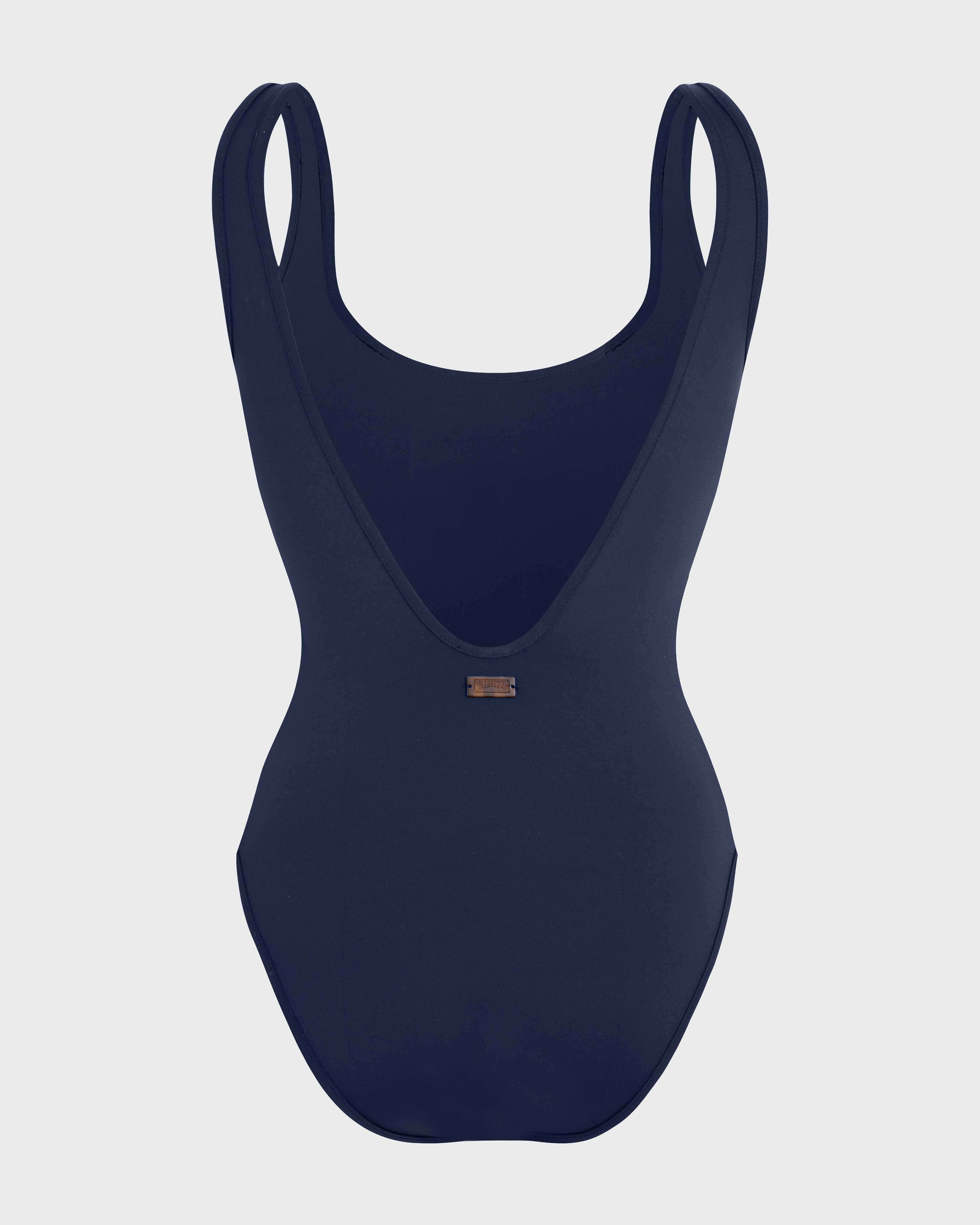 Women One-piece swimsuit Embroidered Flowers NAVY back view