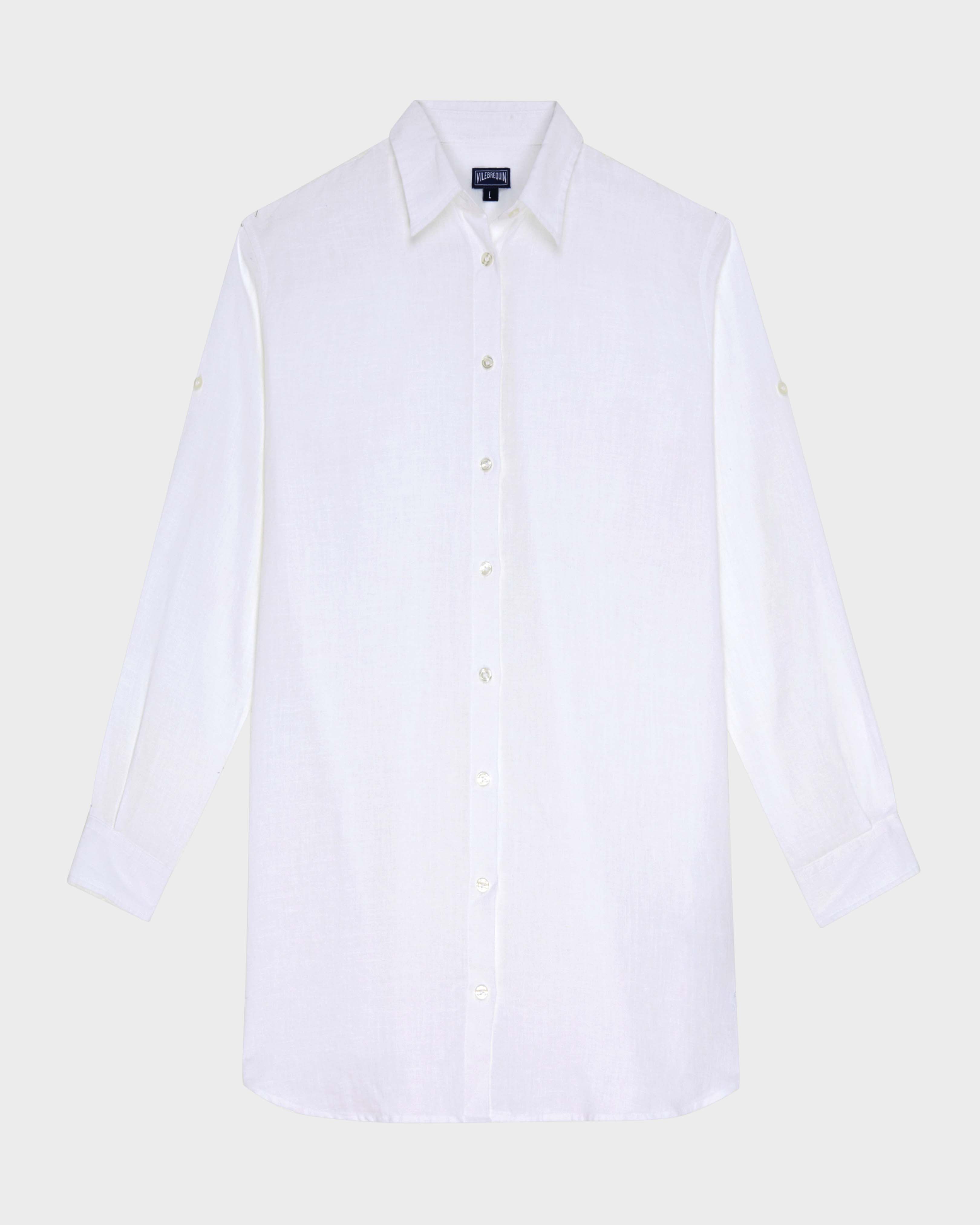 Women Long Sleeves Linen Shirt Solid WHITE front view
