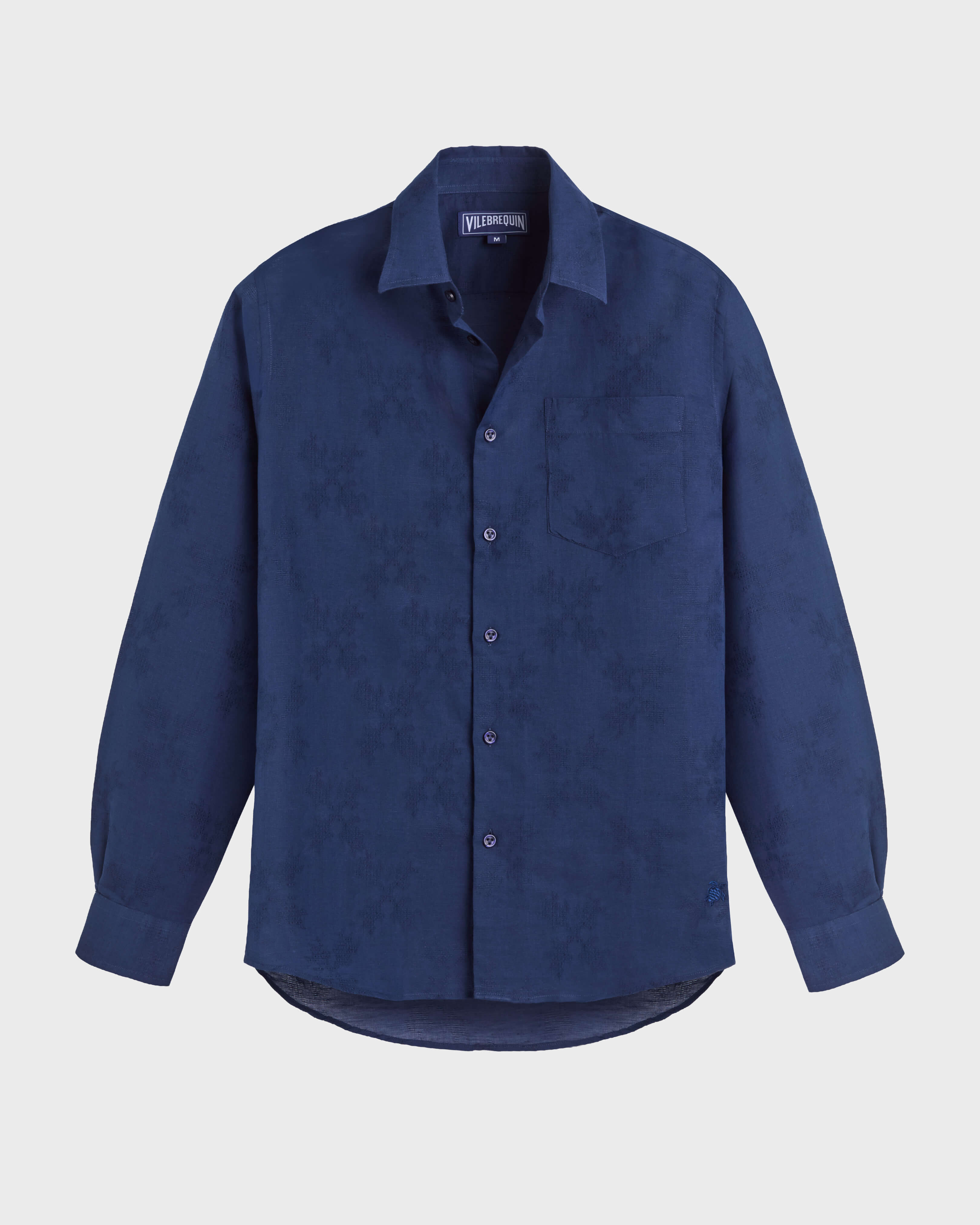Men Linen and Cotton Shirt Turtle Monogram NAVY front view