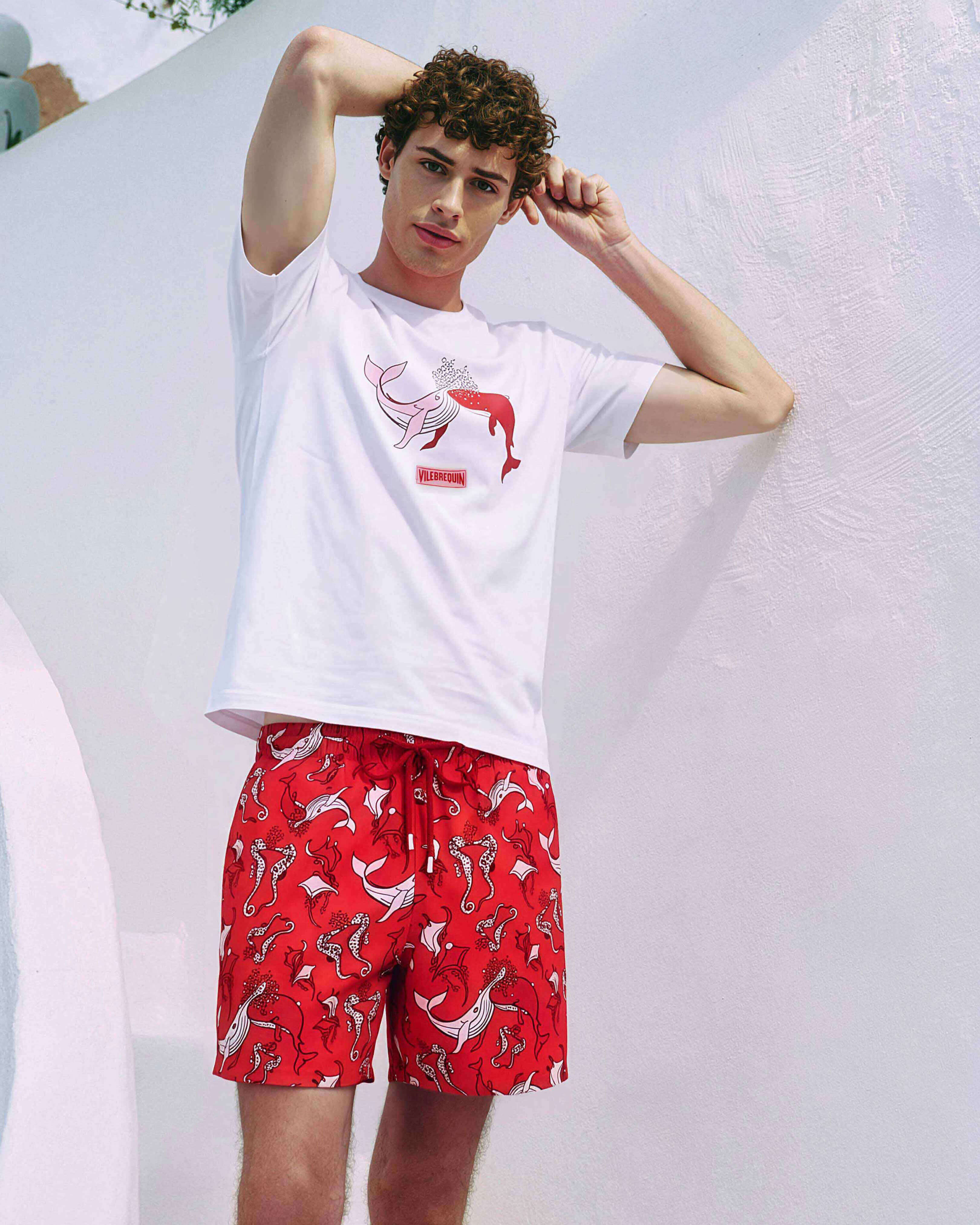 Men Stretch Short Swim Shorts Whales love POPPY RED look1 view