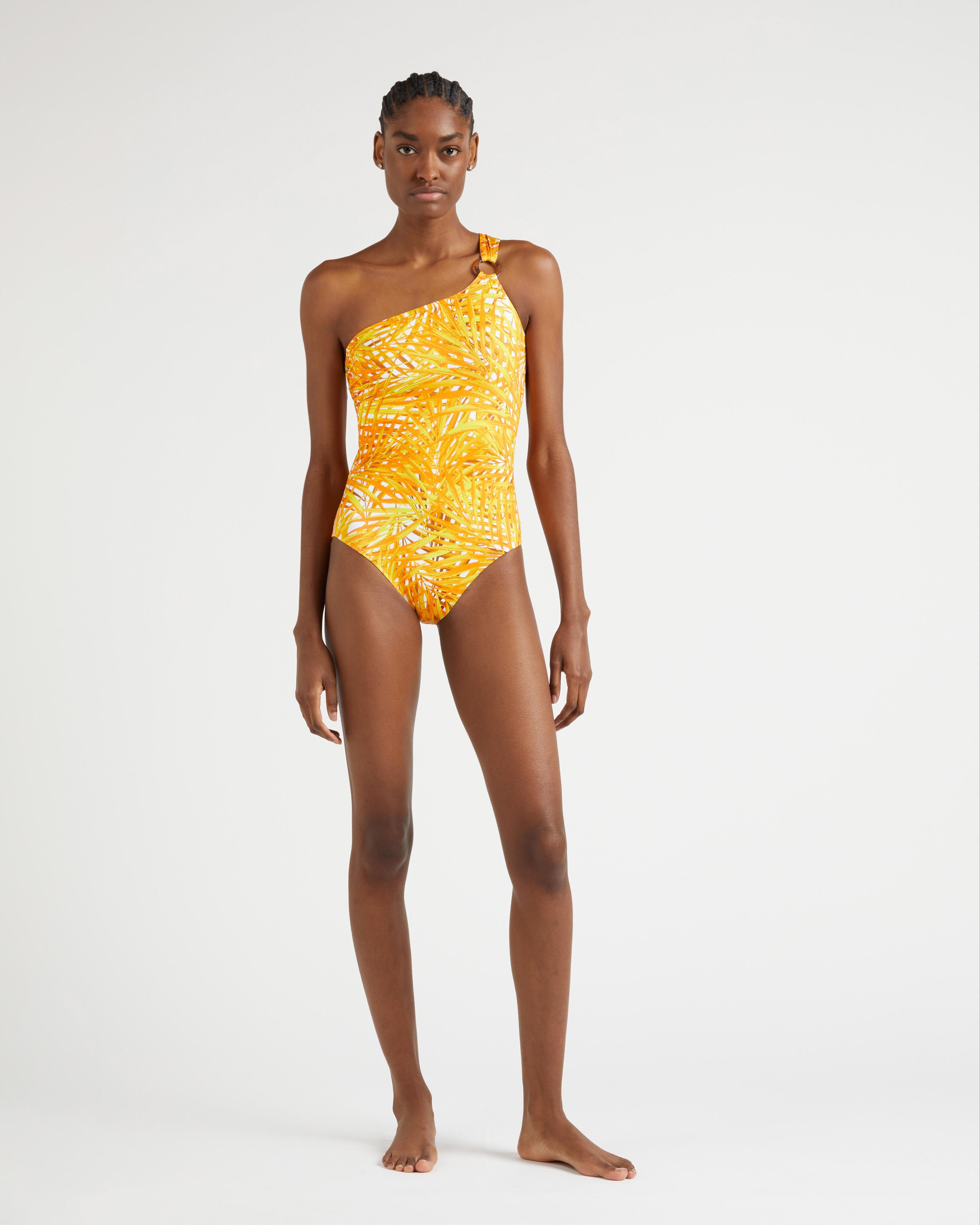 Women One-Shoulder One-piece Swimsuit Palm Leaves MANGO frontworn view