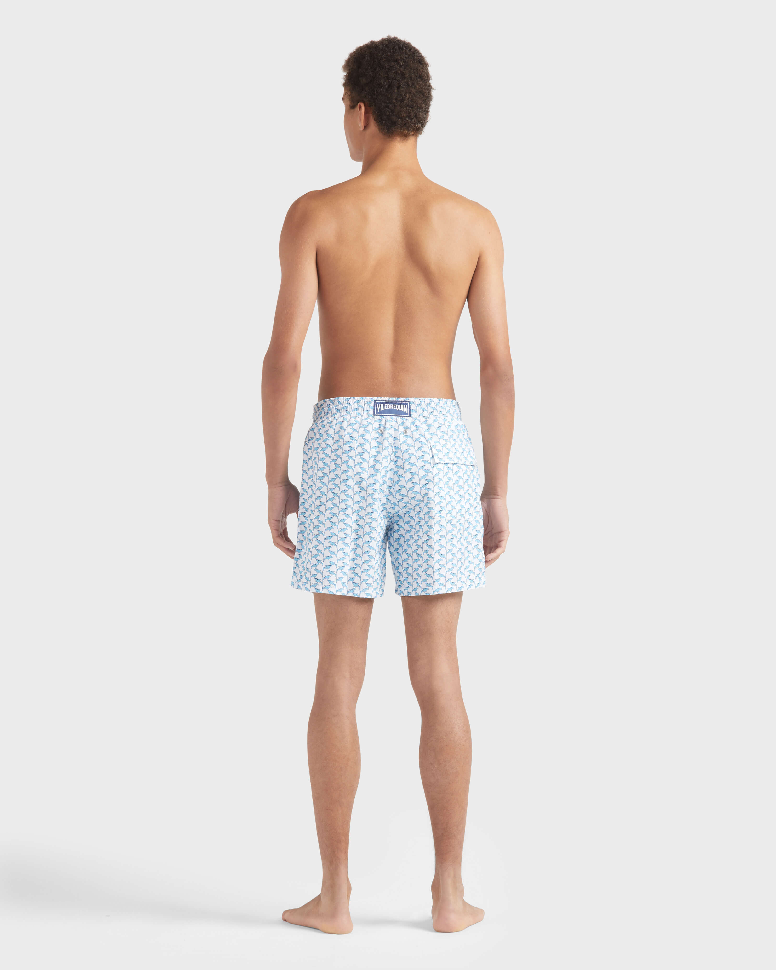 Men Swim Shorts Net Sharks WHITE backworn view