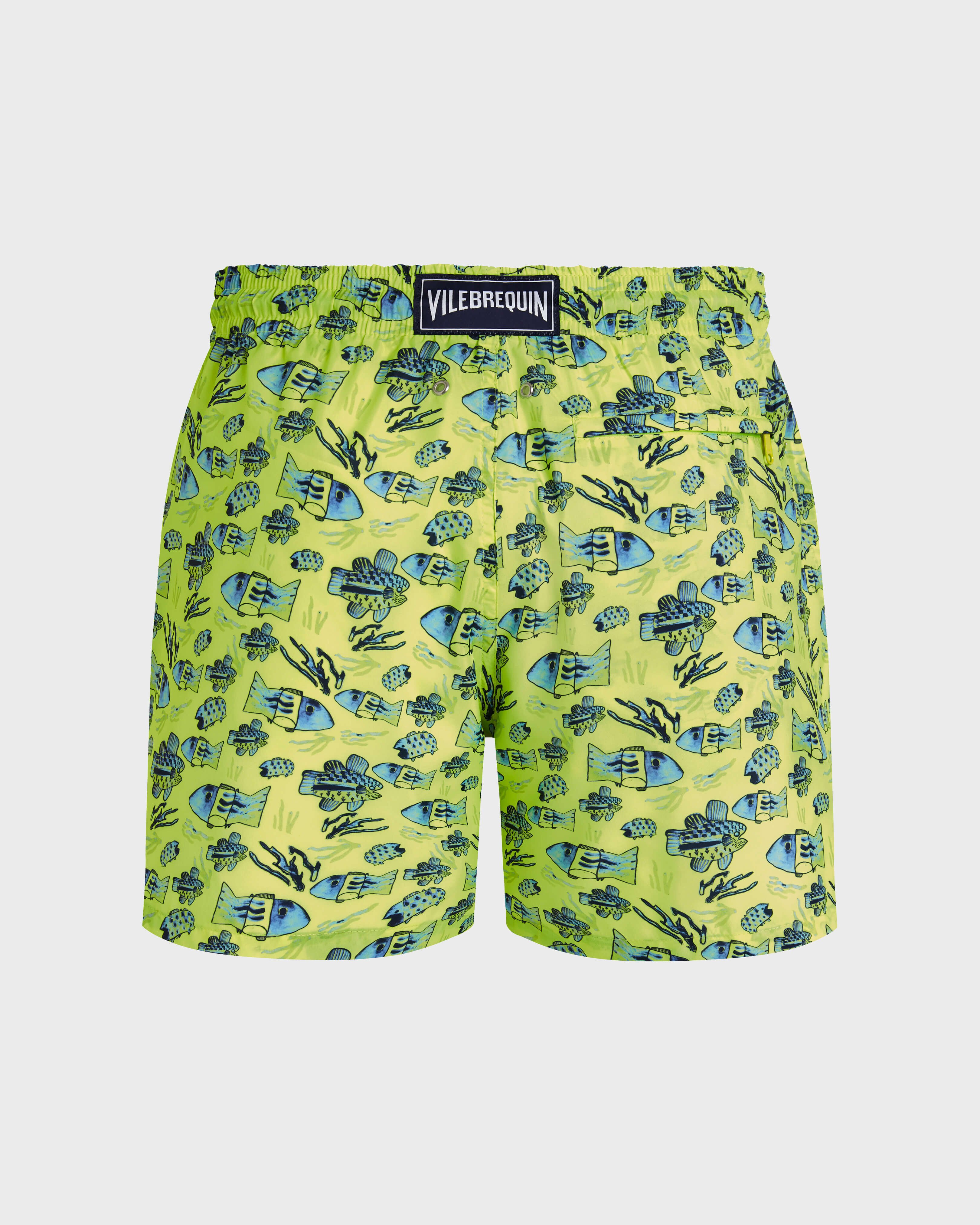 Men Ultra-light and packable Swim Shorts Fishies Drawing NEON YELLOW back view