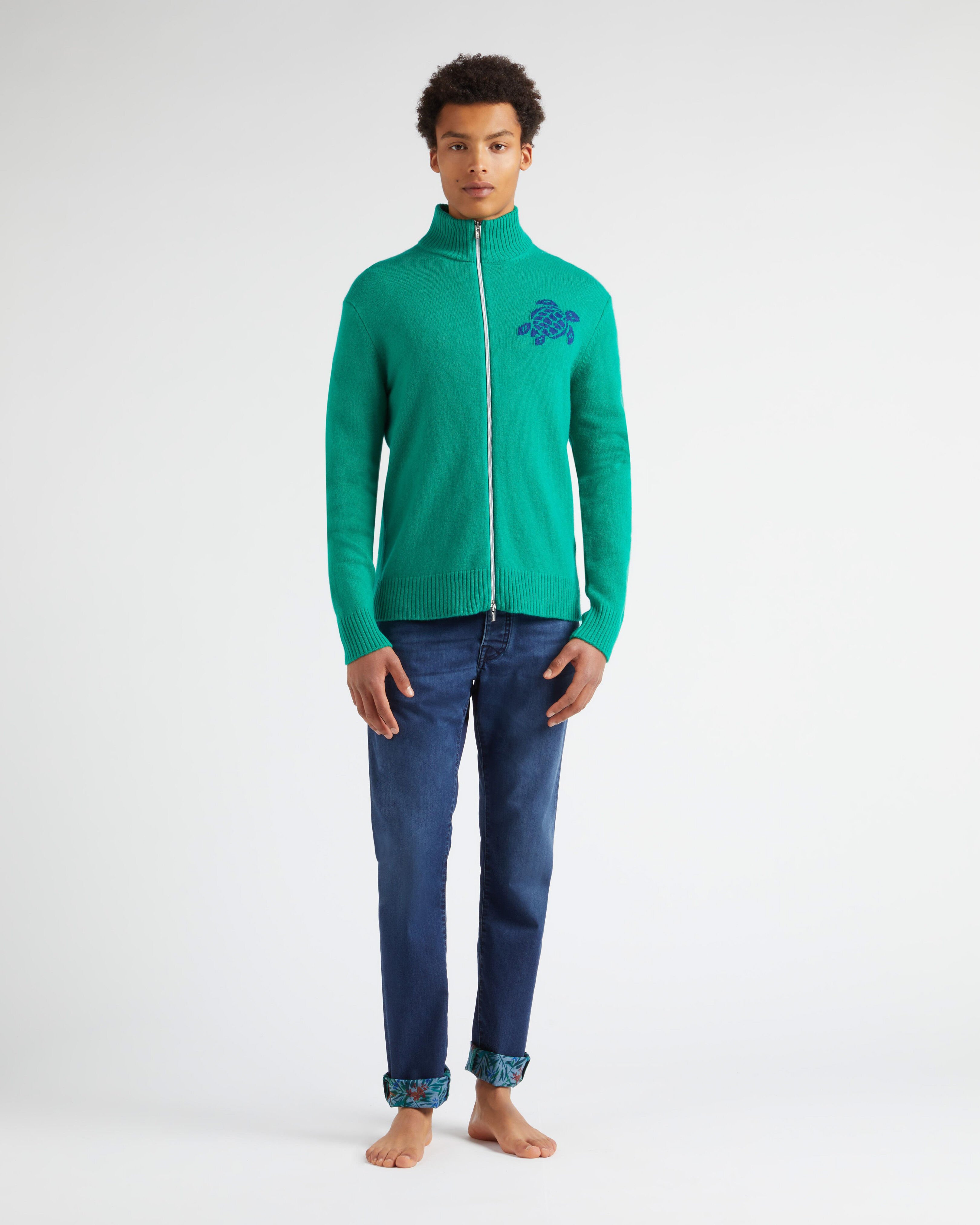 Men Wool and Cashmere Full Zip Sweater Turtle CHLOROPHYLL frontworn view