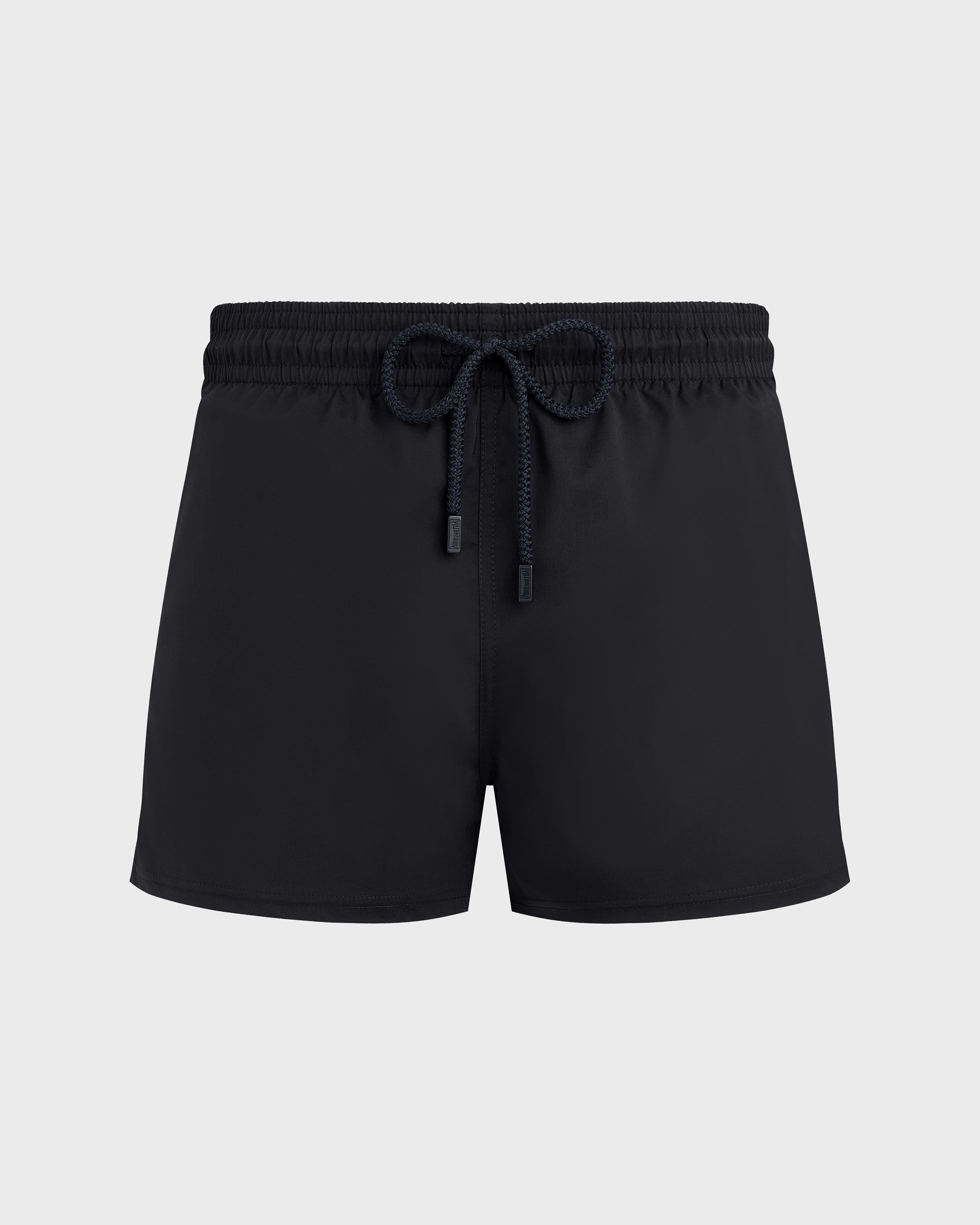 Men Swimwear Short and Fitted Stretch Solid BLACK front view