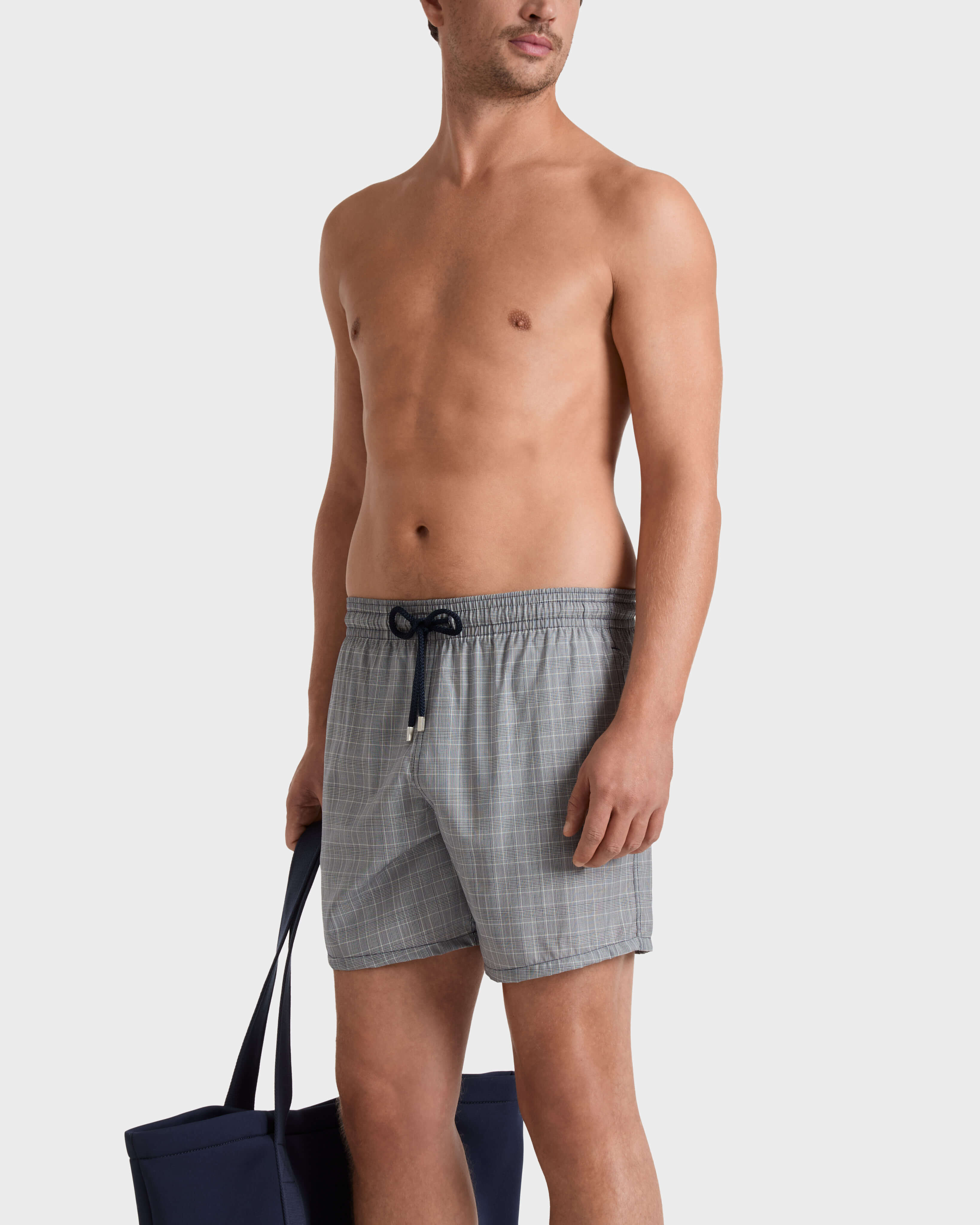 Men Ultrafine Wool Swim Shorts Prince of Wales Check NAVY frontworn view