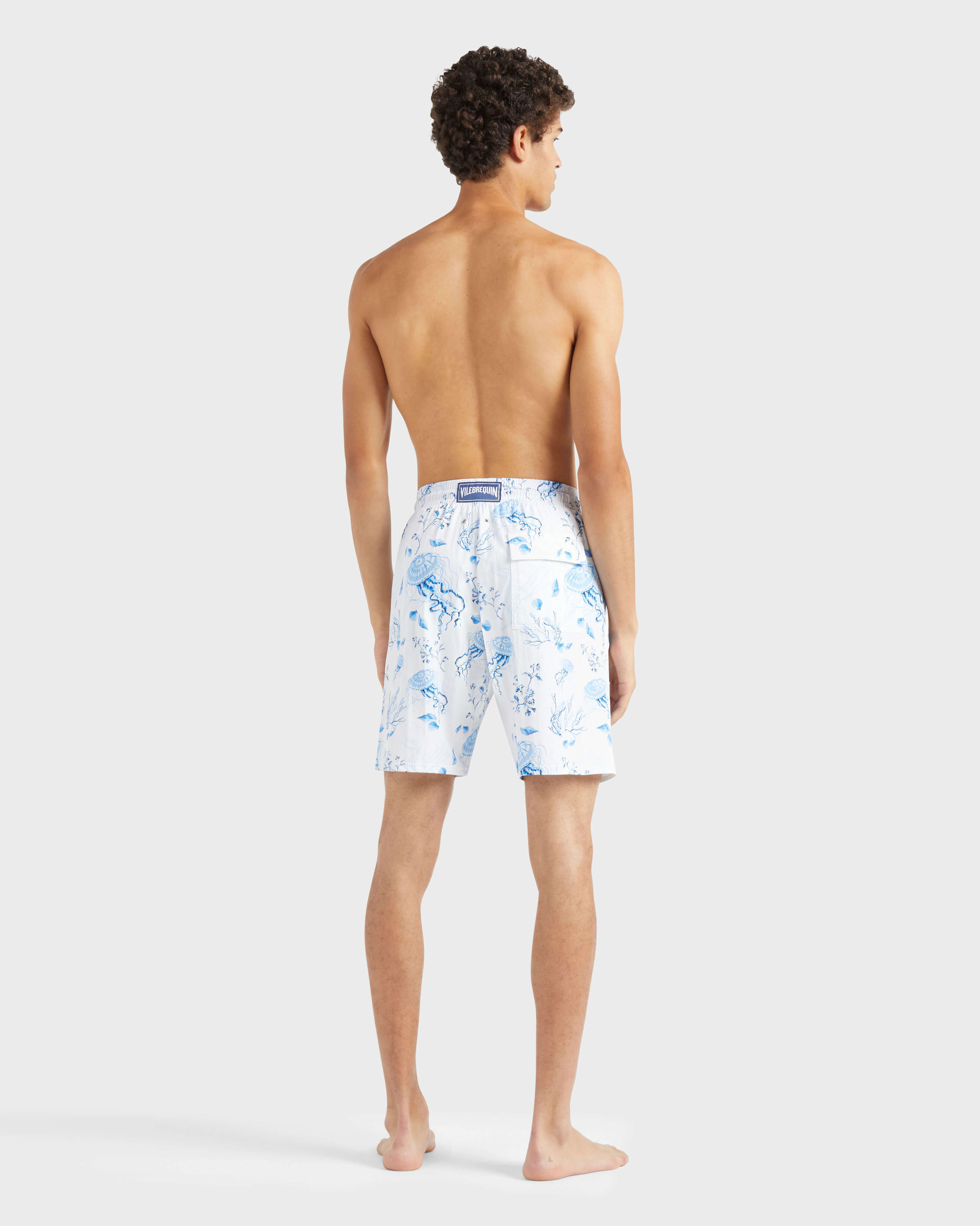 Men Long Stretch Swim Shorts Medusa and Shells WHITE backworn view