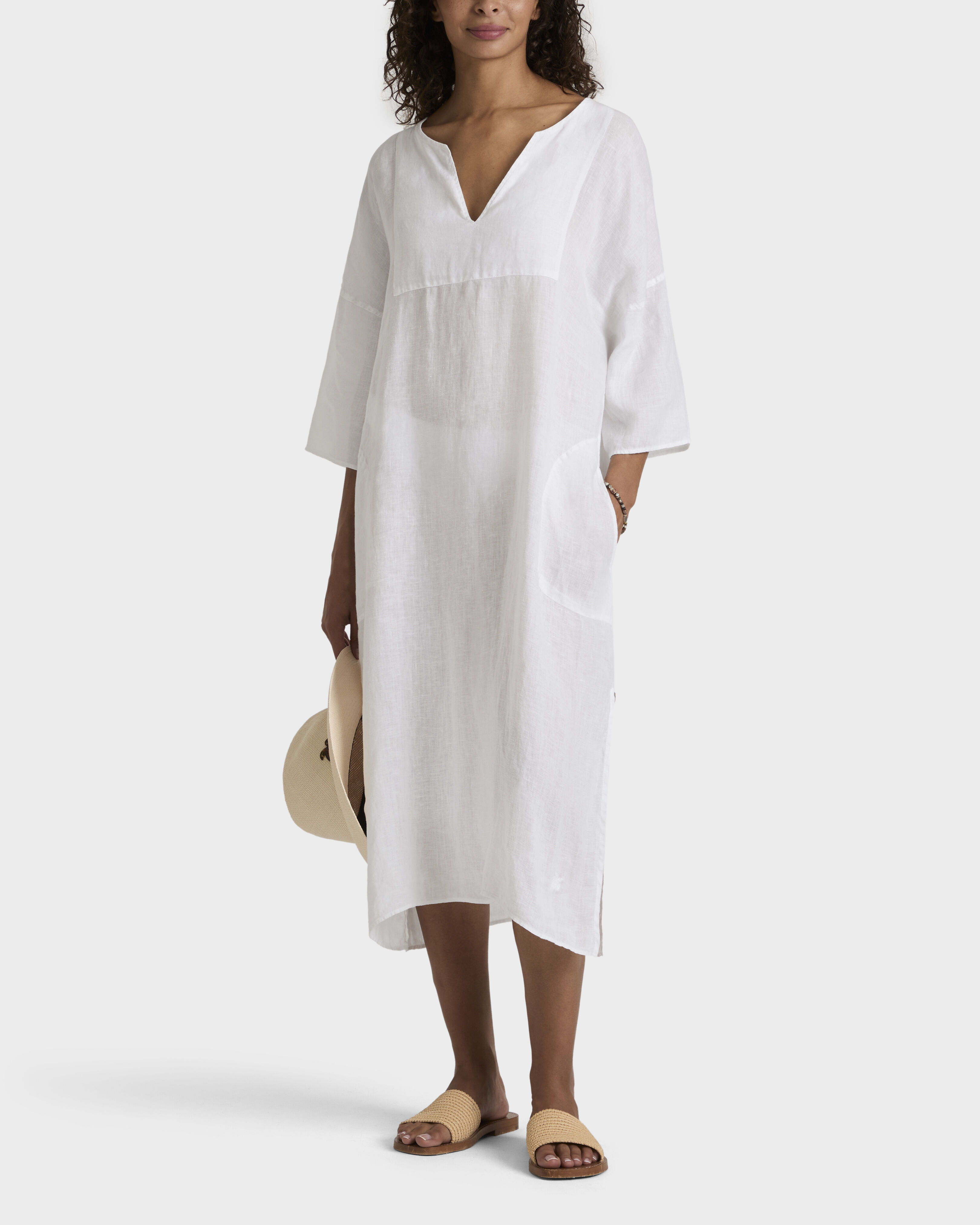 Women Linen Kaftan Solid WHITE frontworn view