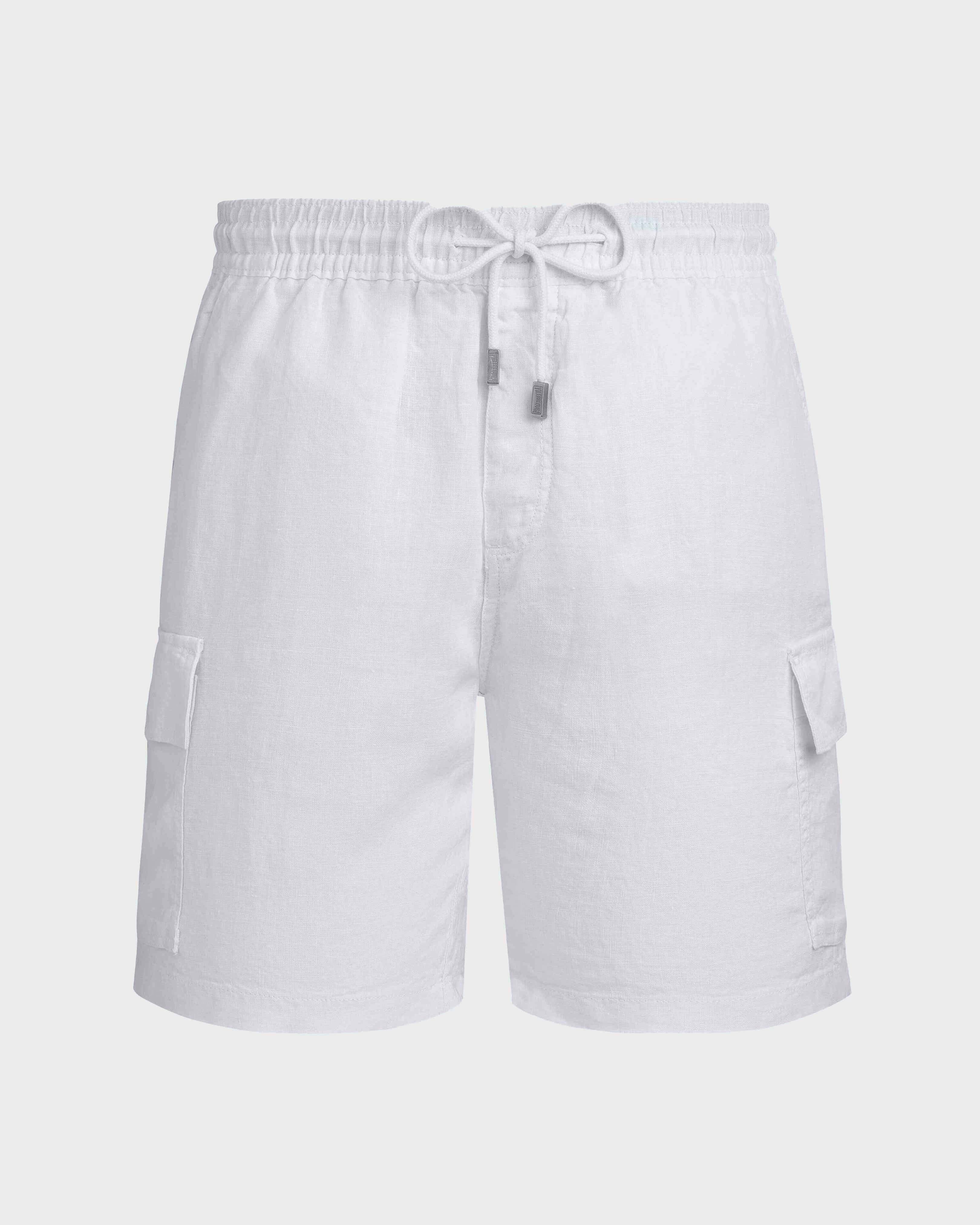 Men Linen Bermuda Shorts Cargo Pockets WHITE front view