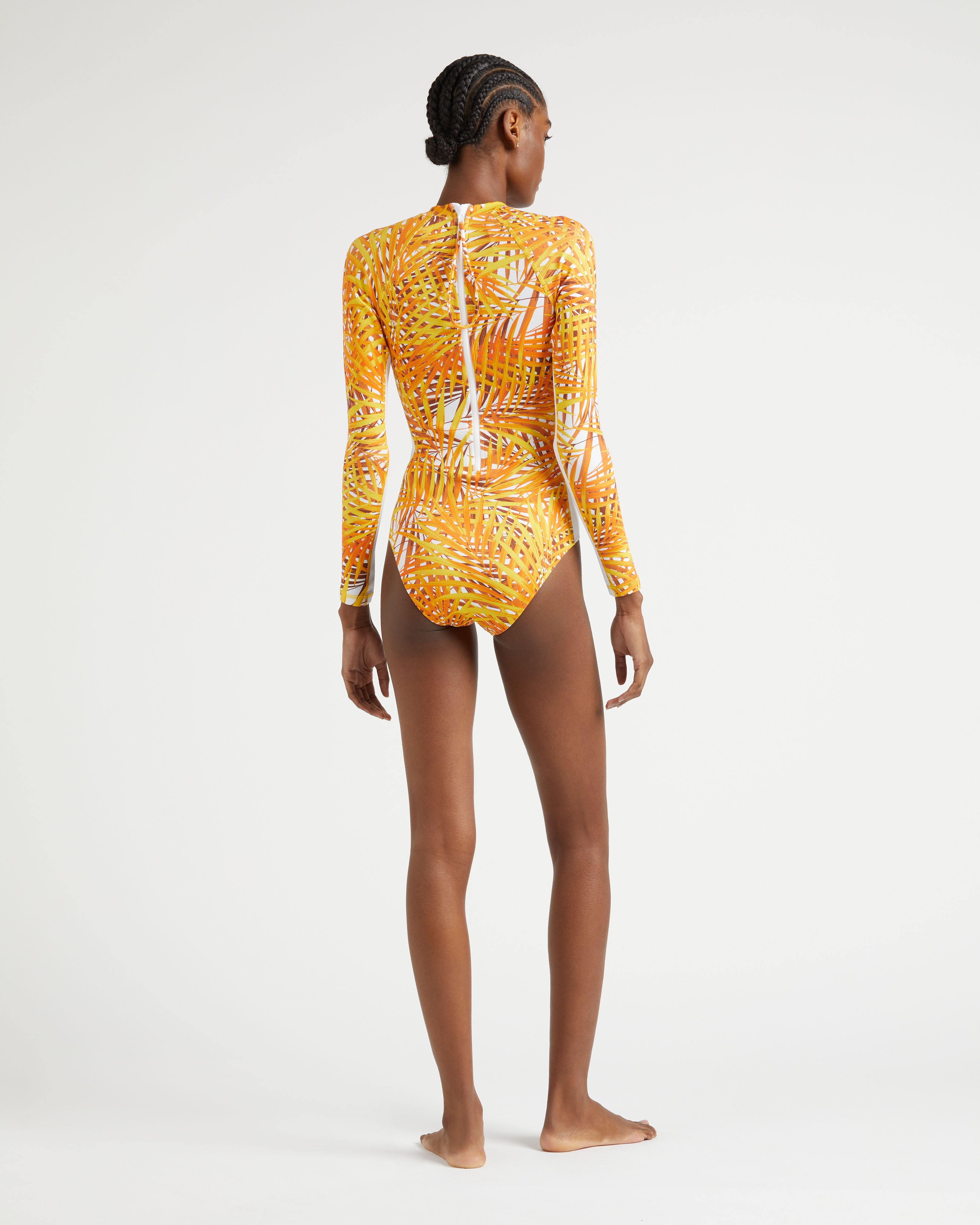Women UV Protection One-piece Rashguard Palm Leaves MANGO backworn view
