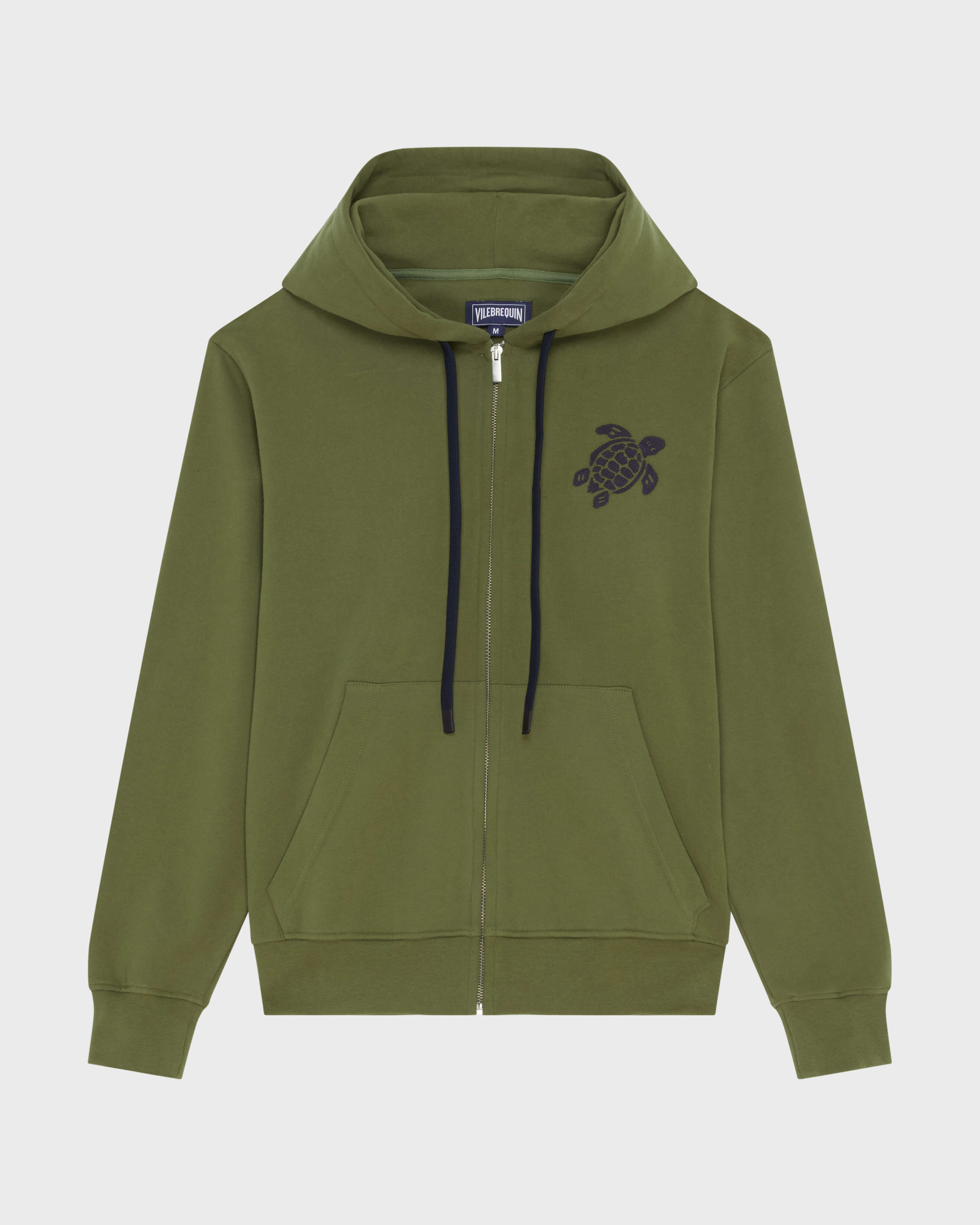 Baumwoll-Cardigan mit durchgehendem Reißverschluss und großer Schildkrötenstickerei für Herren KHAKI front view