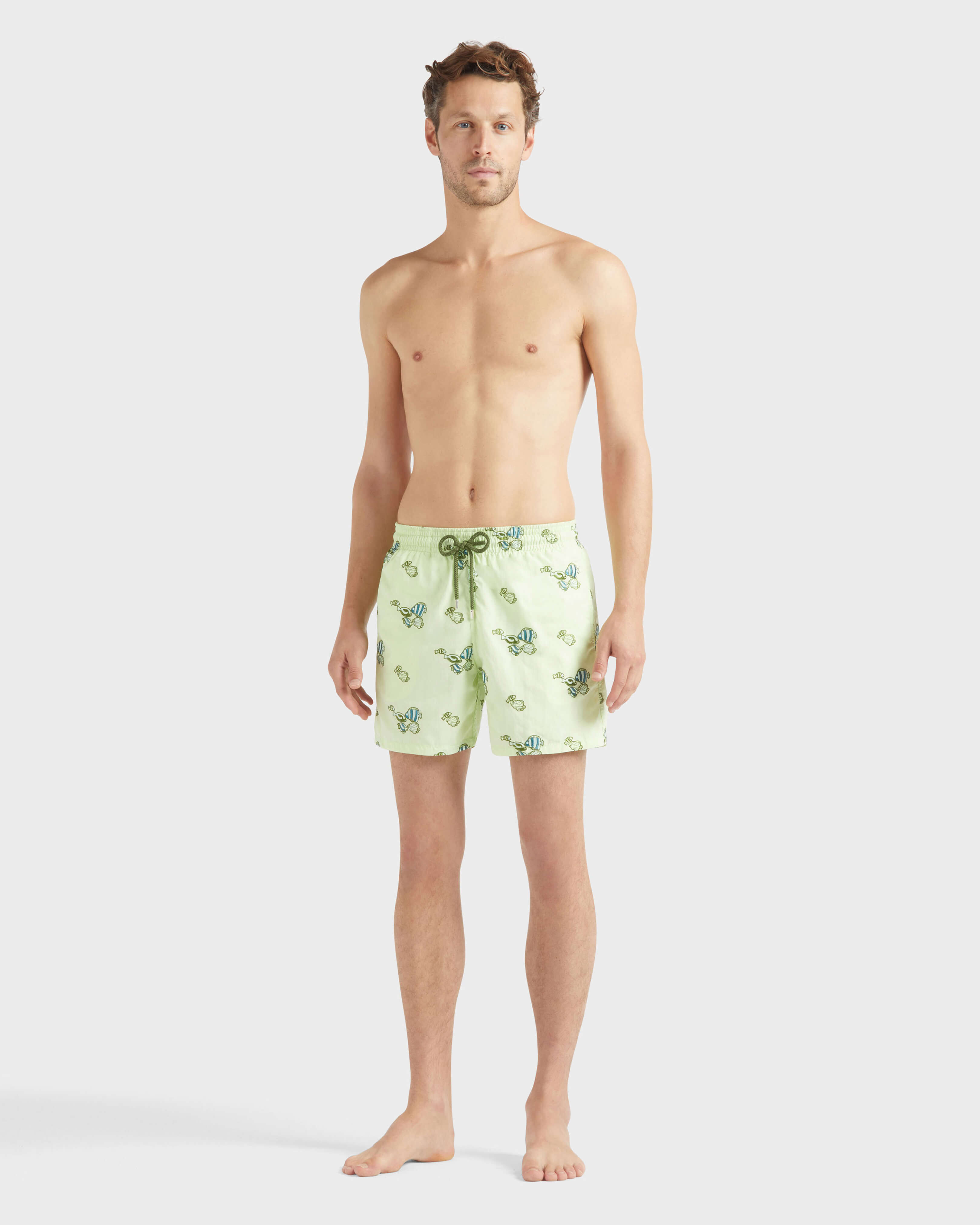 Men Swim trunks Embroidered Fishy Vibes MACAROON frontworn view