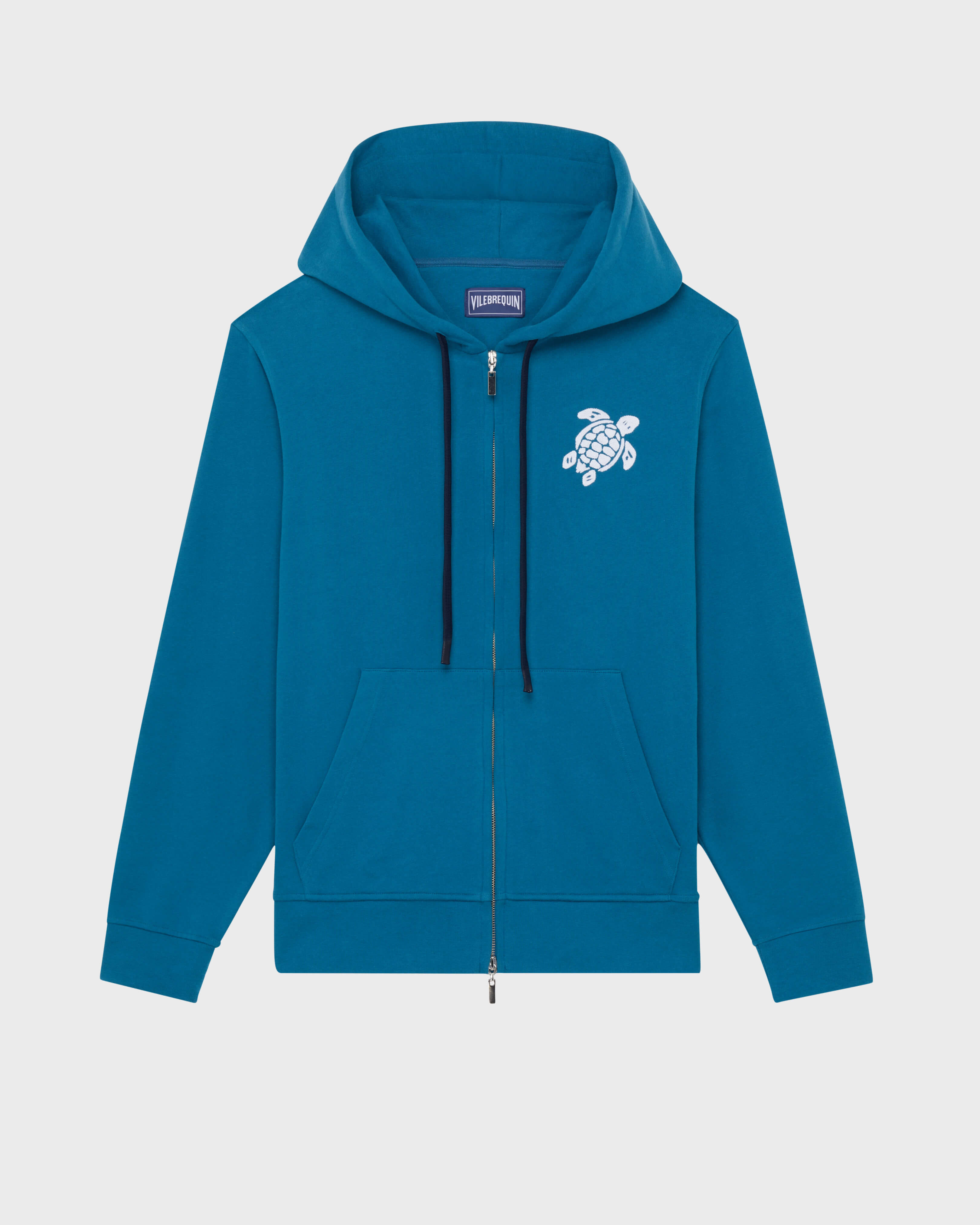 Men Cotton Full Zip Cardigan Big Turtle Embroidery PEACOCK front view