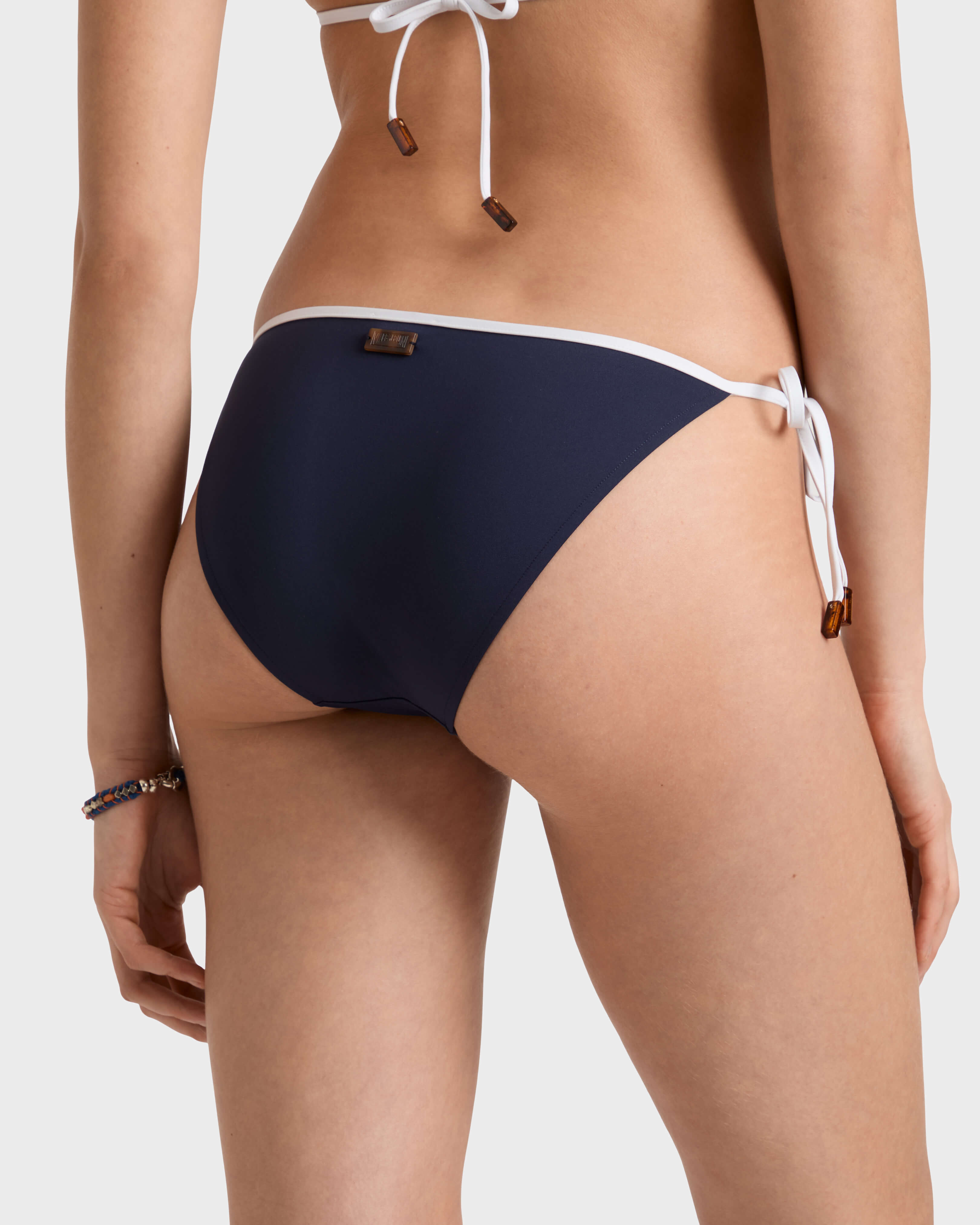 Braguita de bikini con tiras laterales de atar de color liso para mujer AZUL MARINO backworn view