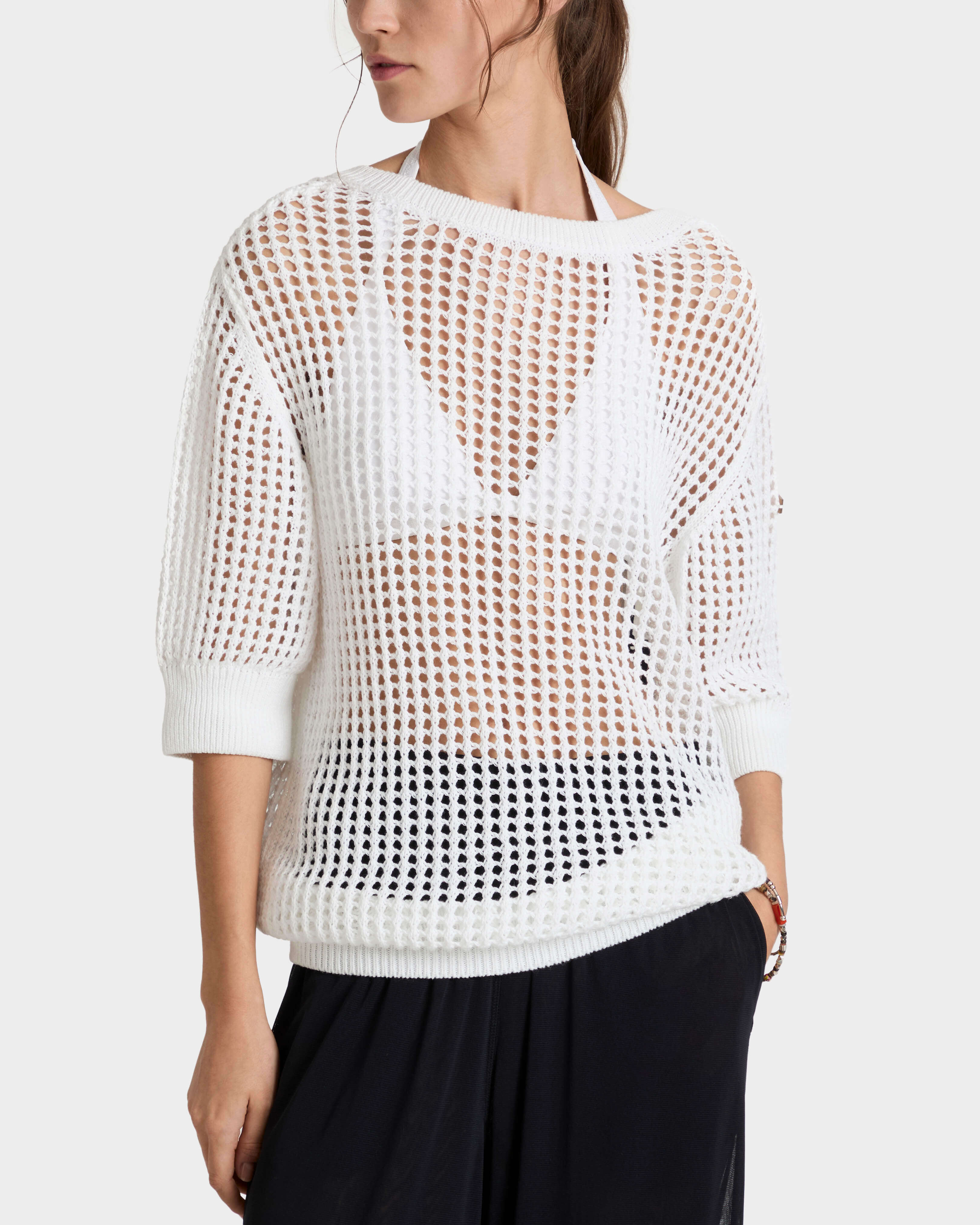 Jersey de ganchillo de color liso para mujer BLANCO frontworn view