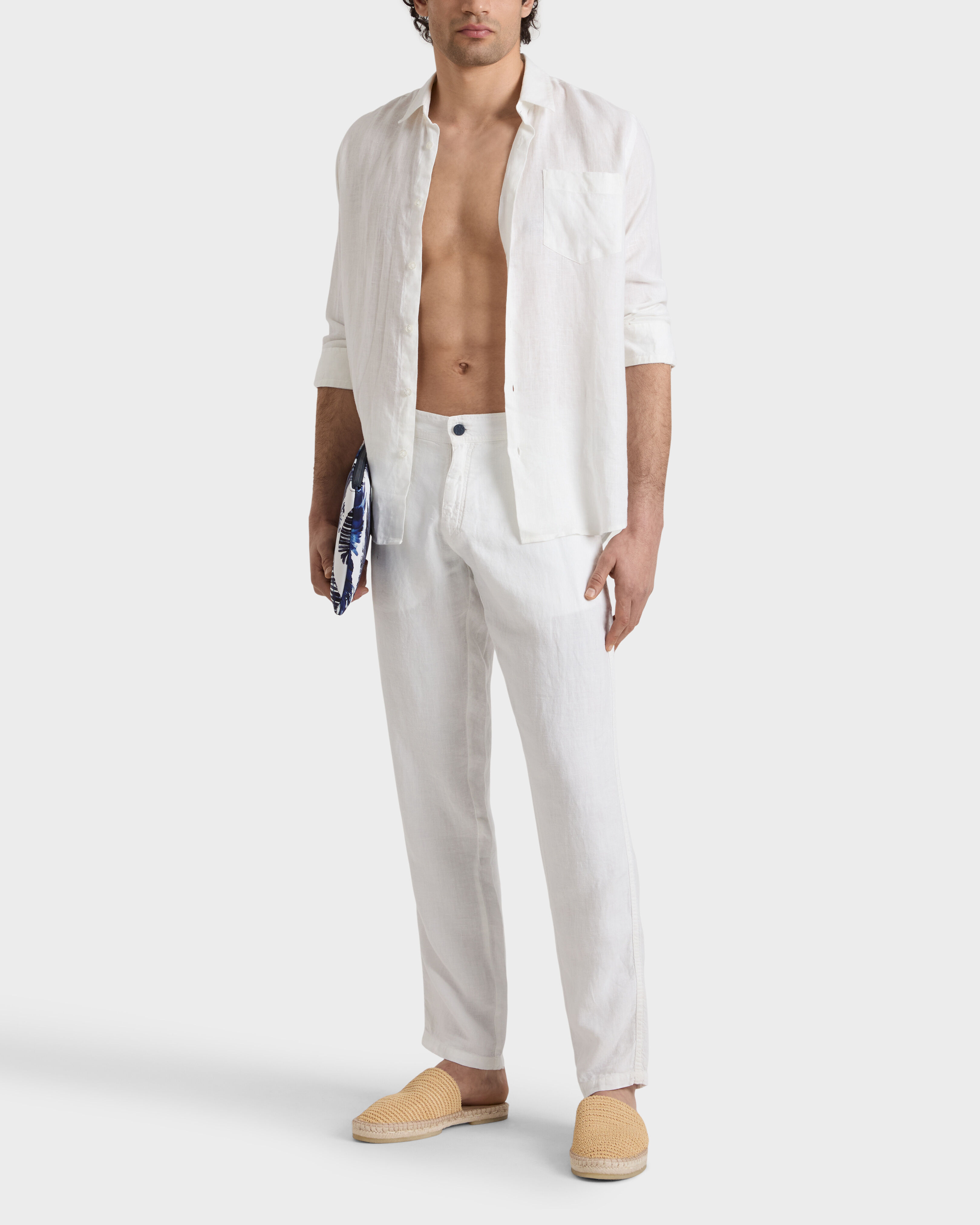 Men Straight Linen Pants Solid WHITE frontworn view