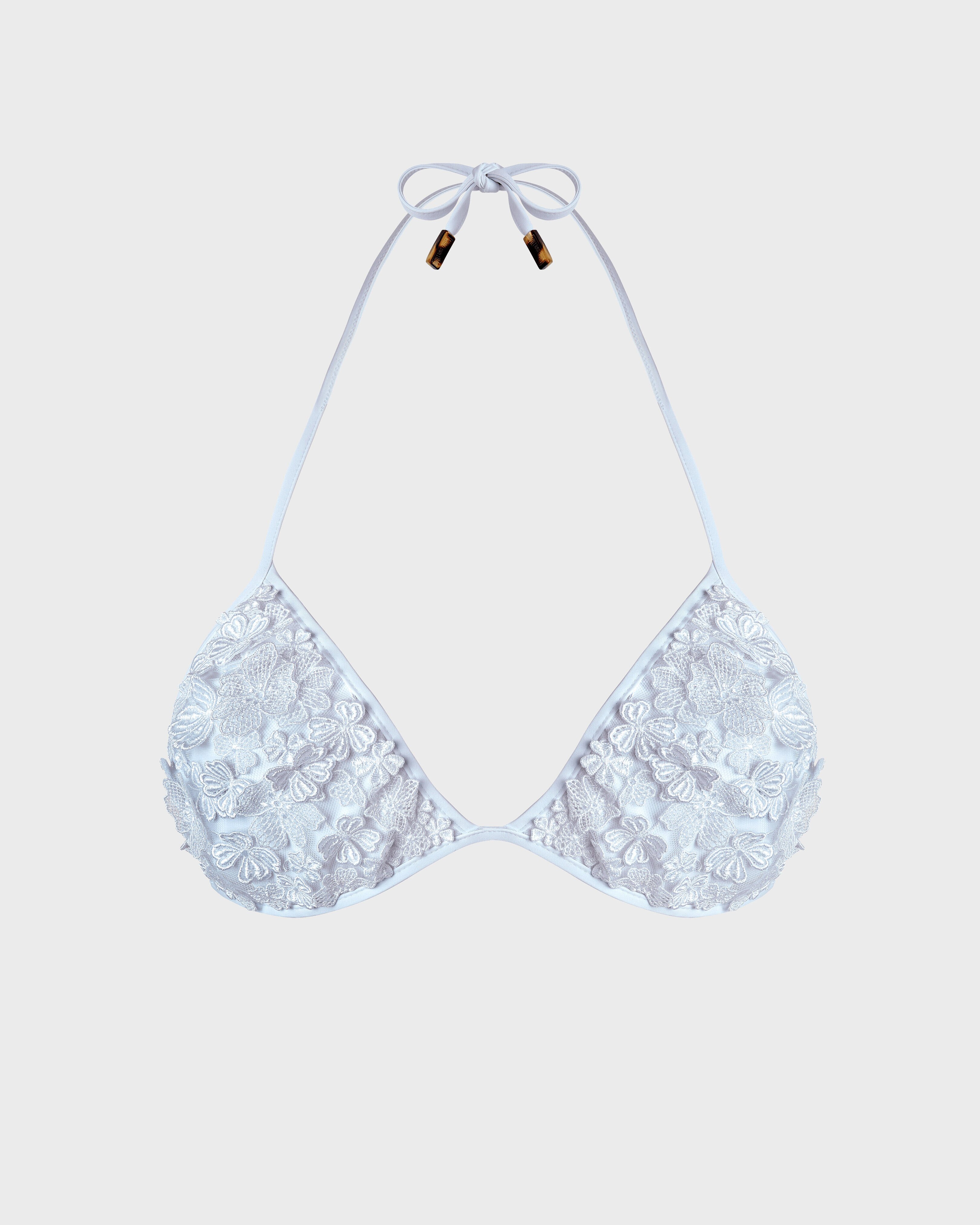 Women Triangle Bikini Top Embroidered Guipure Florale WHITE front view