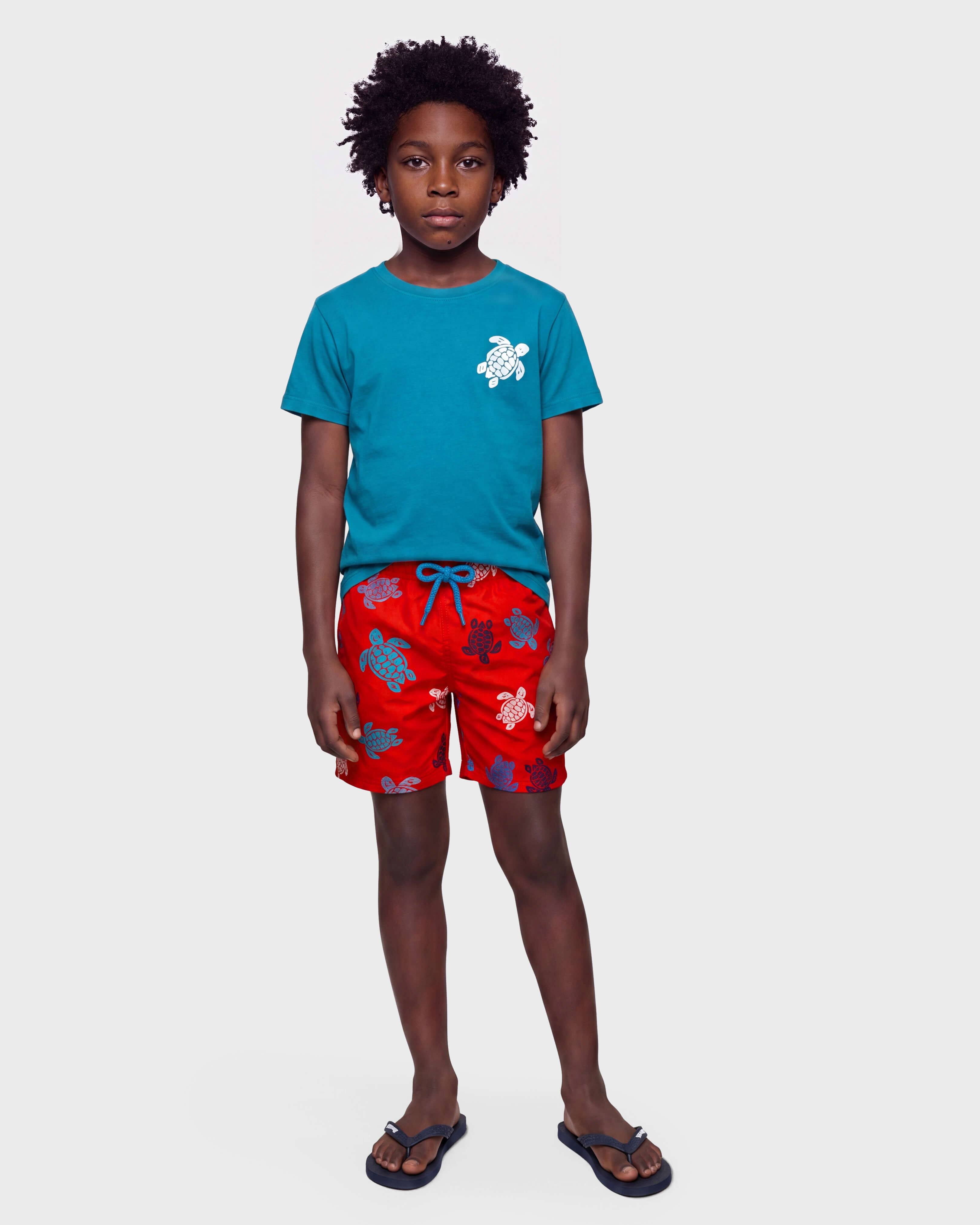 Boys Swimwear Embroidered Ronde Tortues Multicolores - Limited Edition POPPY RED frontworn view