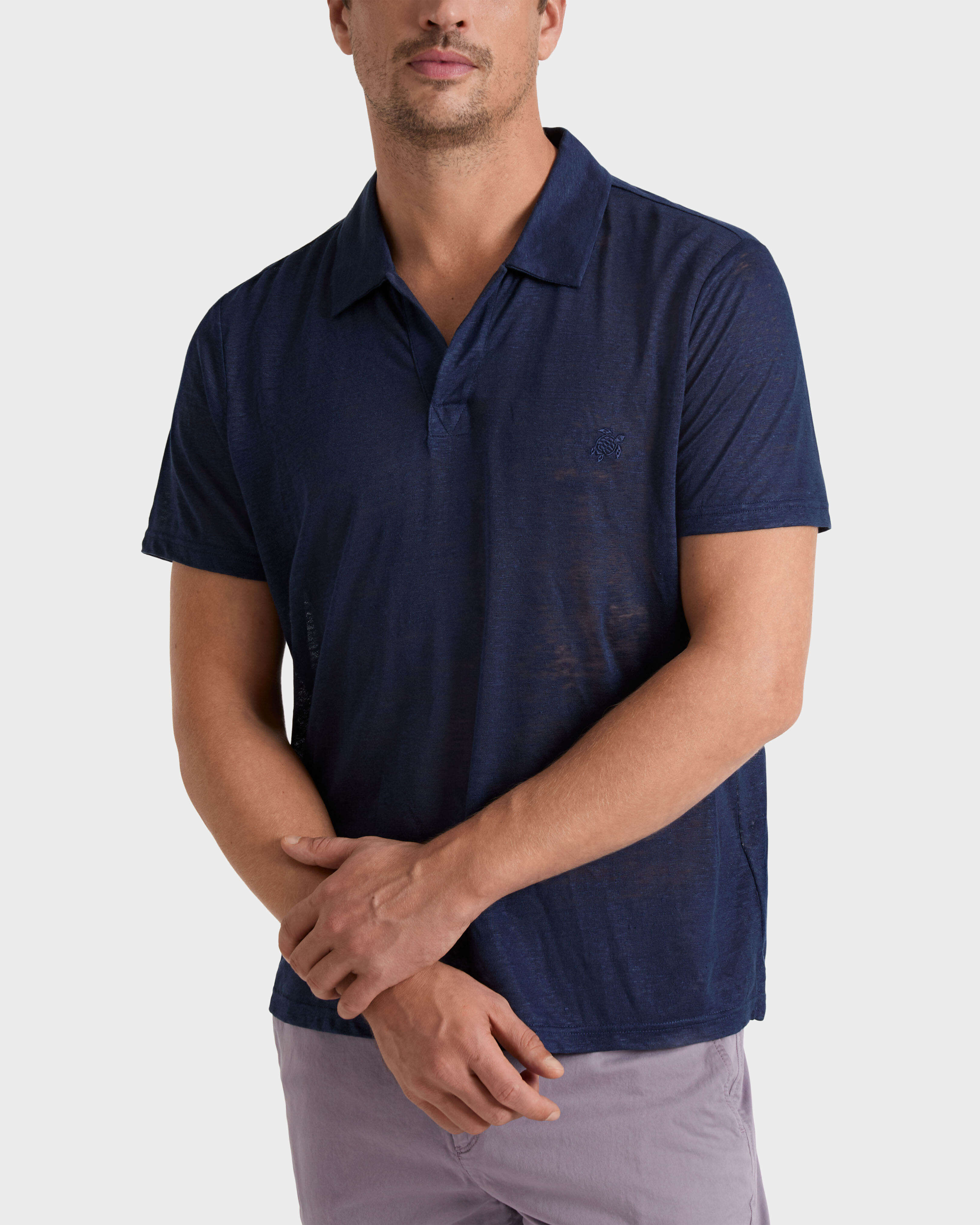 Men Linen Jersey Polo Shirt Solid NAVY frontworn view