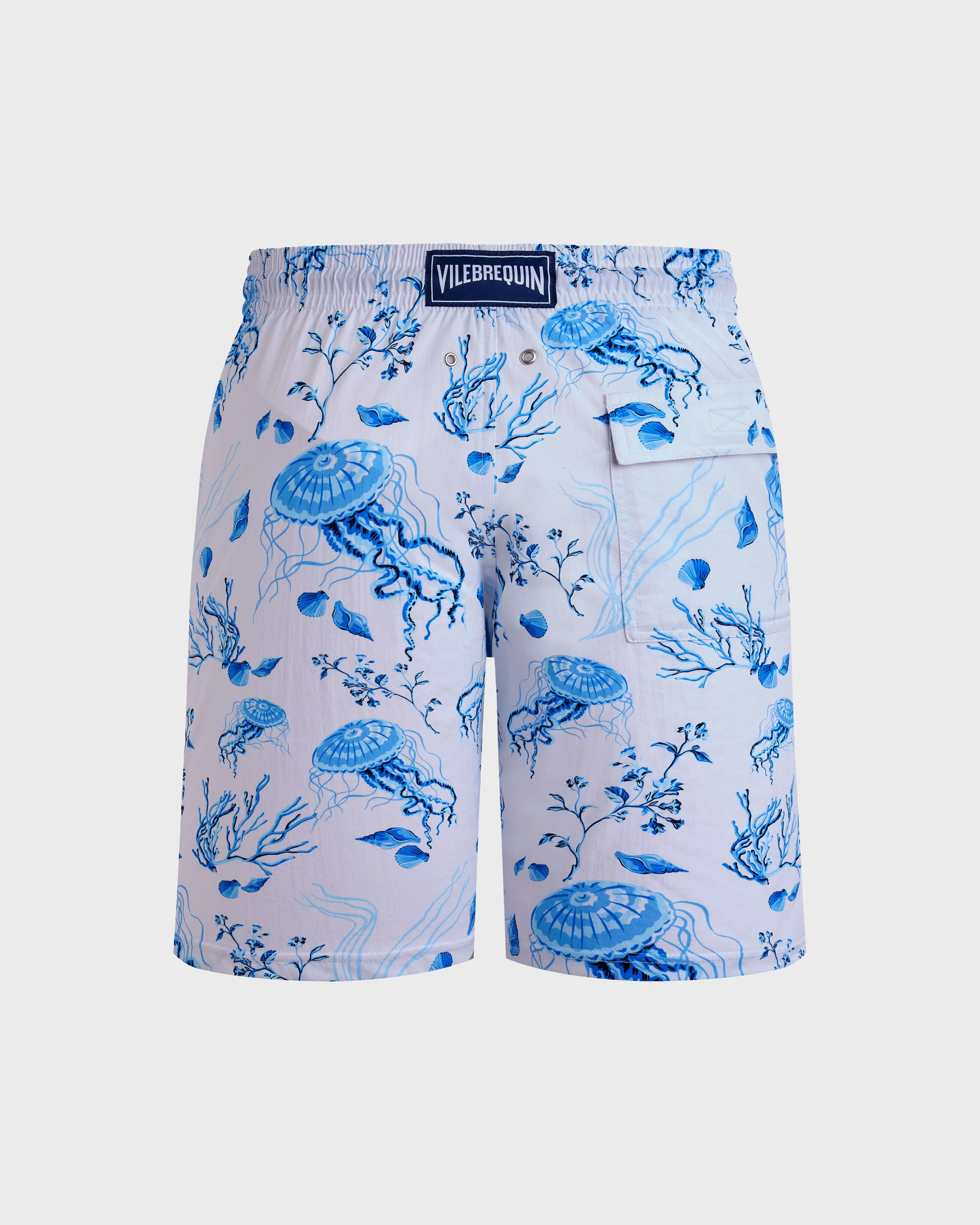 Men Long Stretch Swim Shorts Medusa and Shells WHITE back view