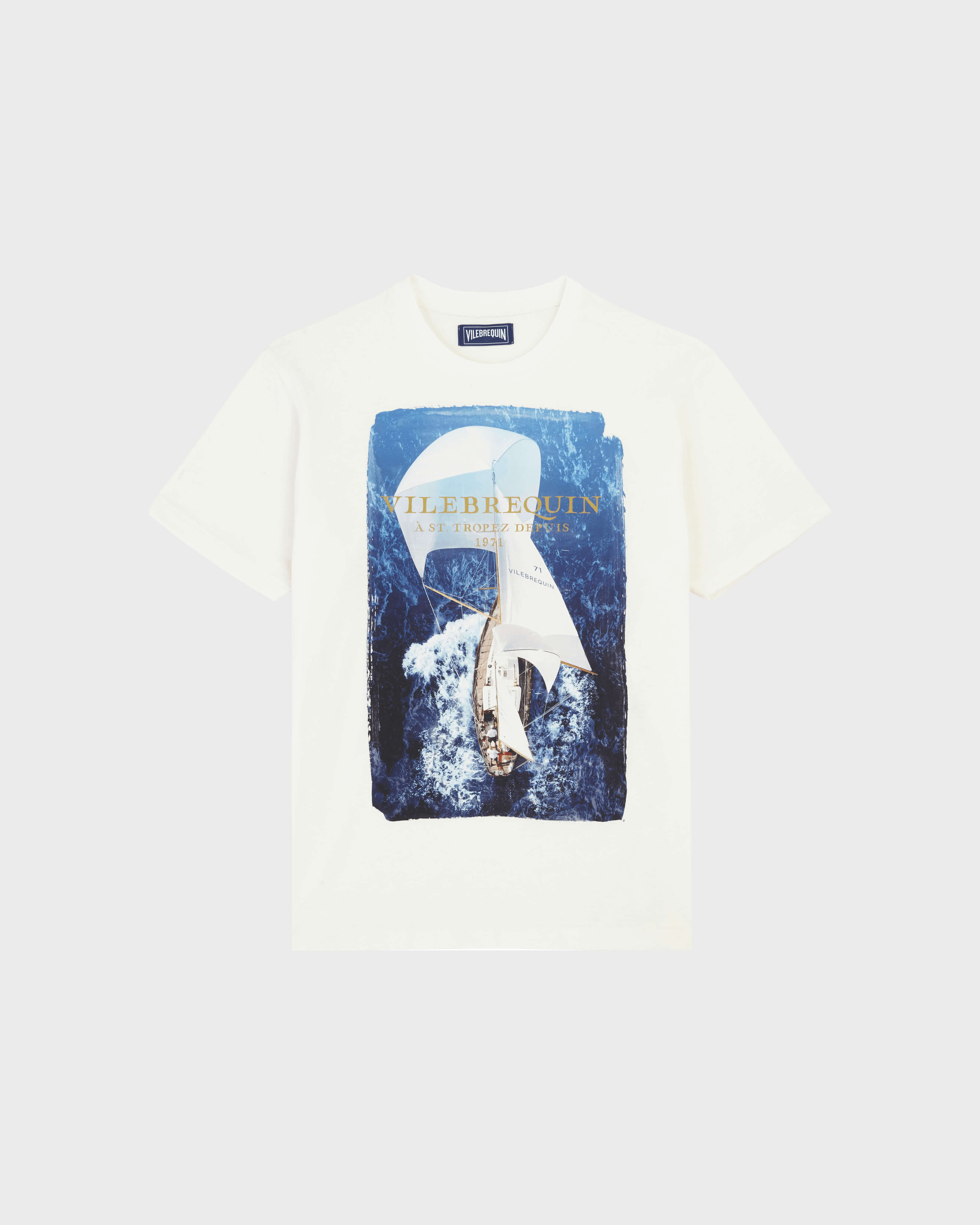 Men Cotton T-Shirt Sailing Boat From The Sky OFF WHITE front view
