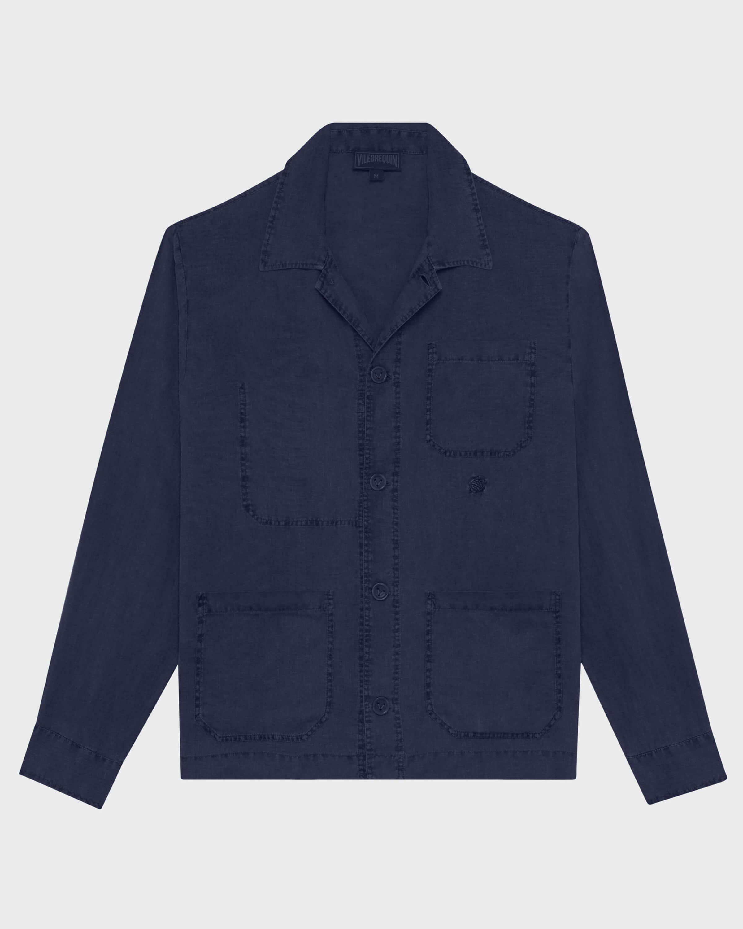 Men Linen Solid Overshirt NAVY front view