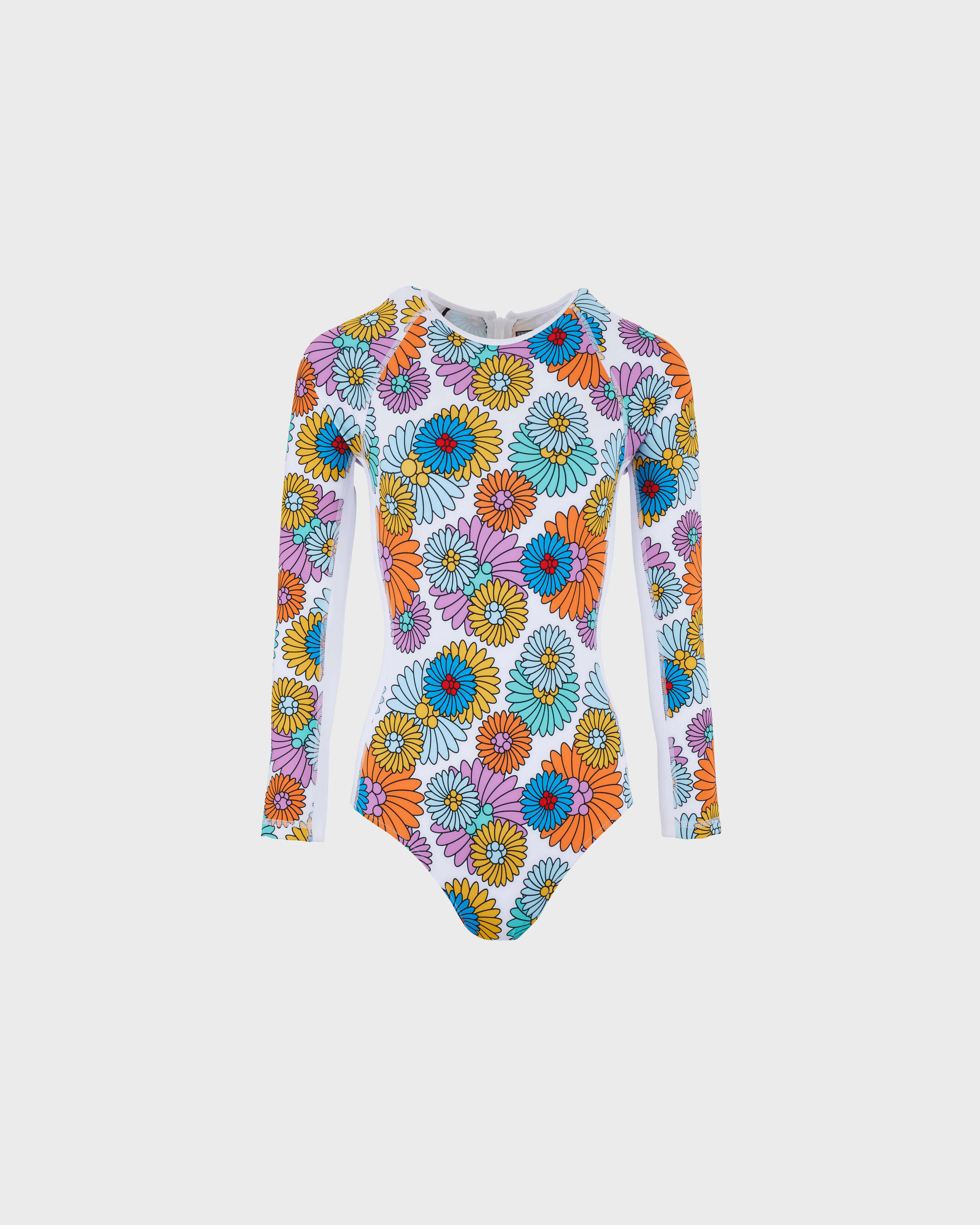 Women Rashguard Long Sleeves One-piece swimsuit Marguerites WHITE front view