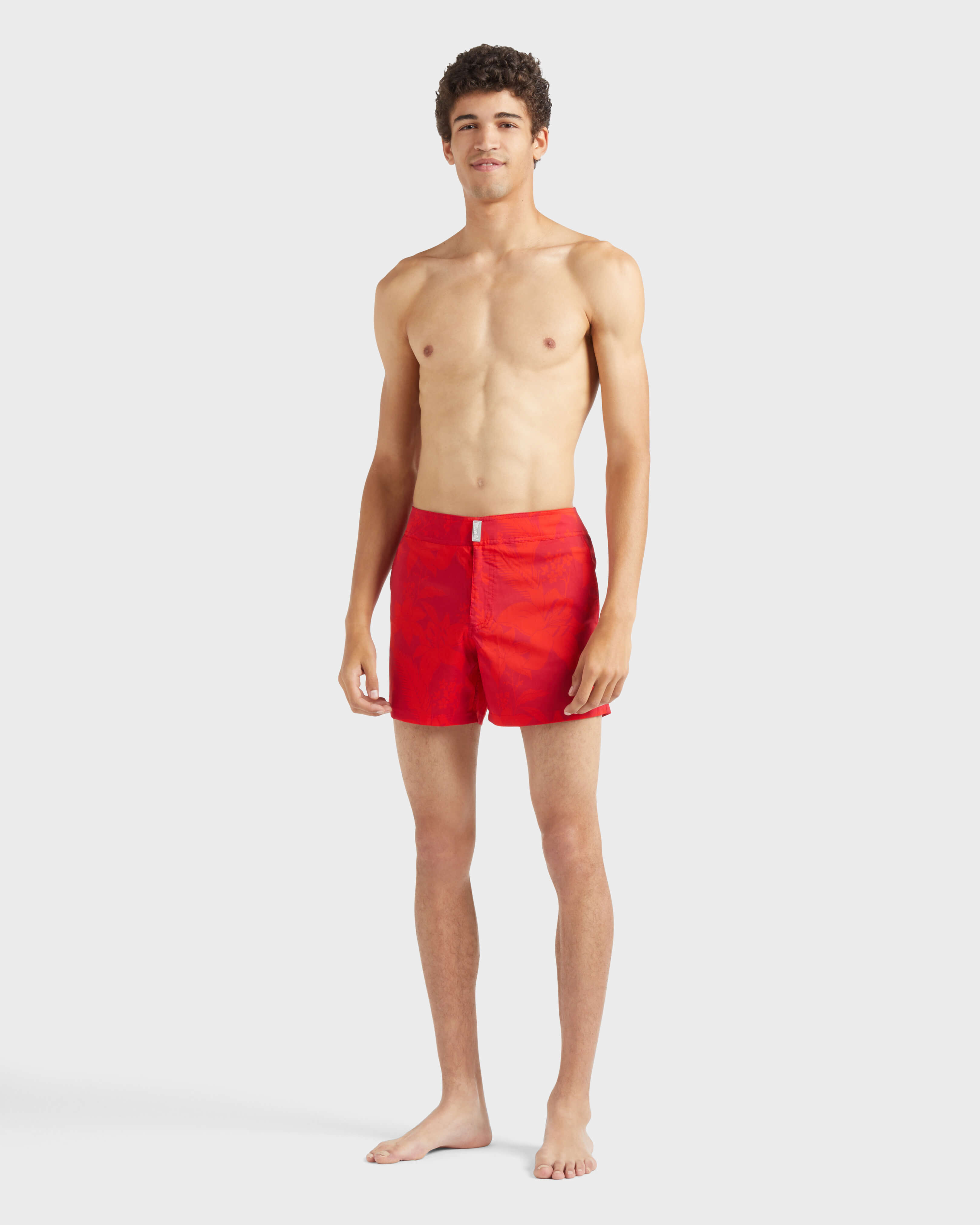 Men Stretch Short Swim Shorts Flat Belt Flower Power LIPSTICK frontworn view