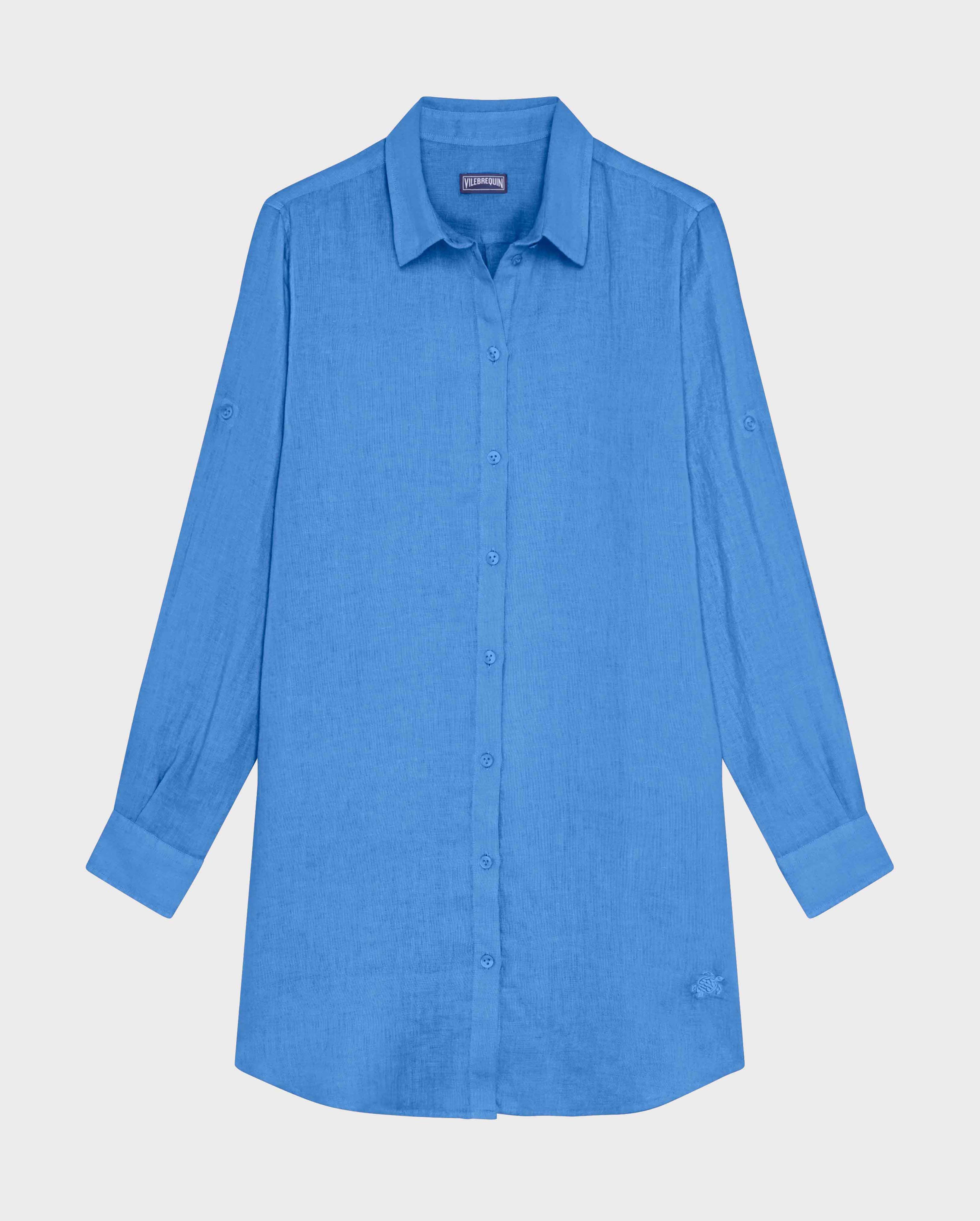 Women Linen Shirt Dress Solid JEANS BLUE front view