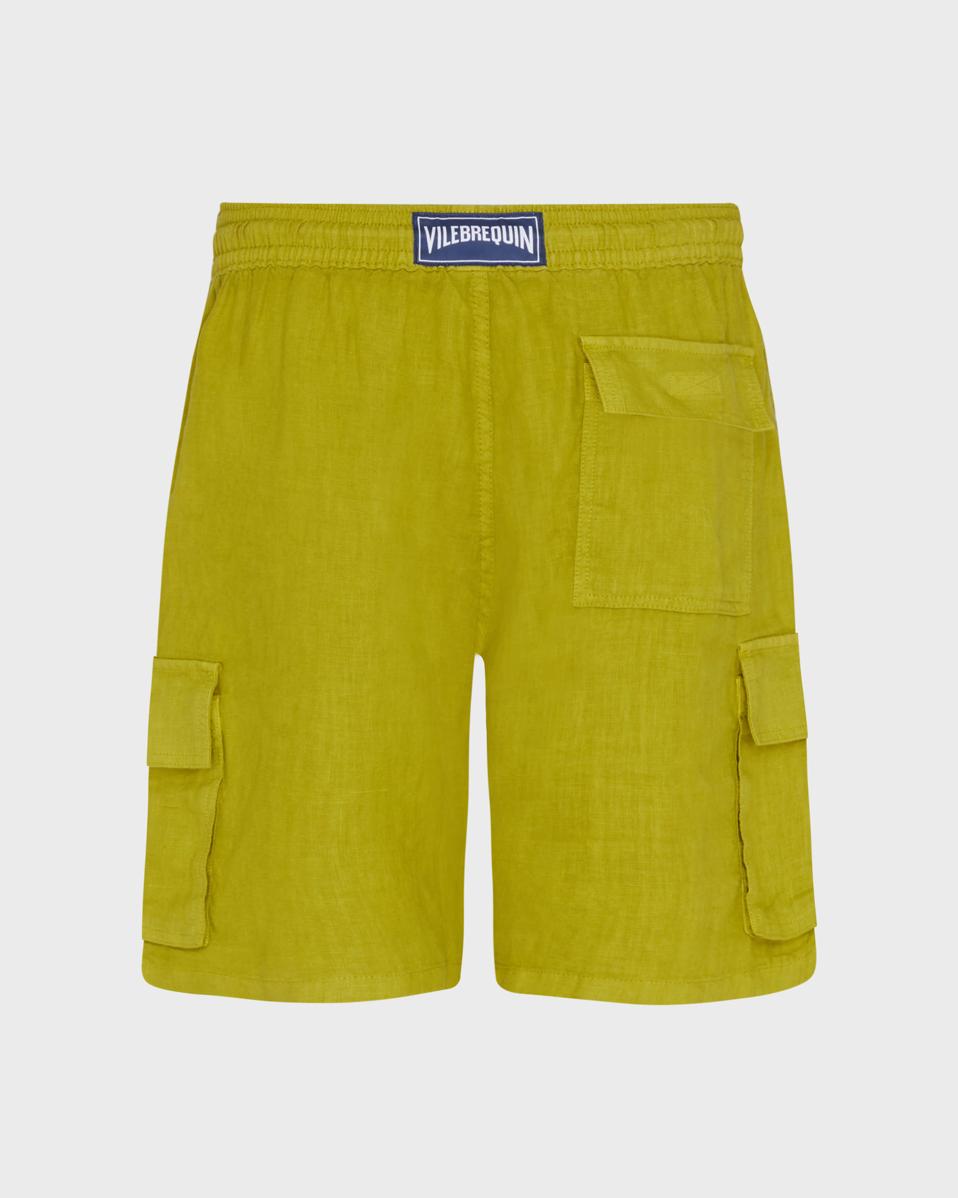 Bermuda cargo uomo in lino tinta unita VERDE PALLIDO back view