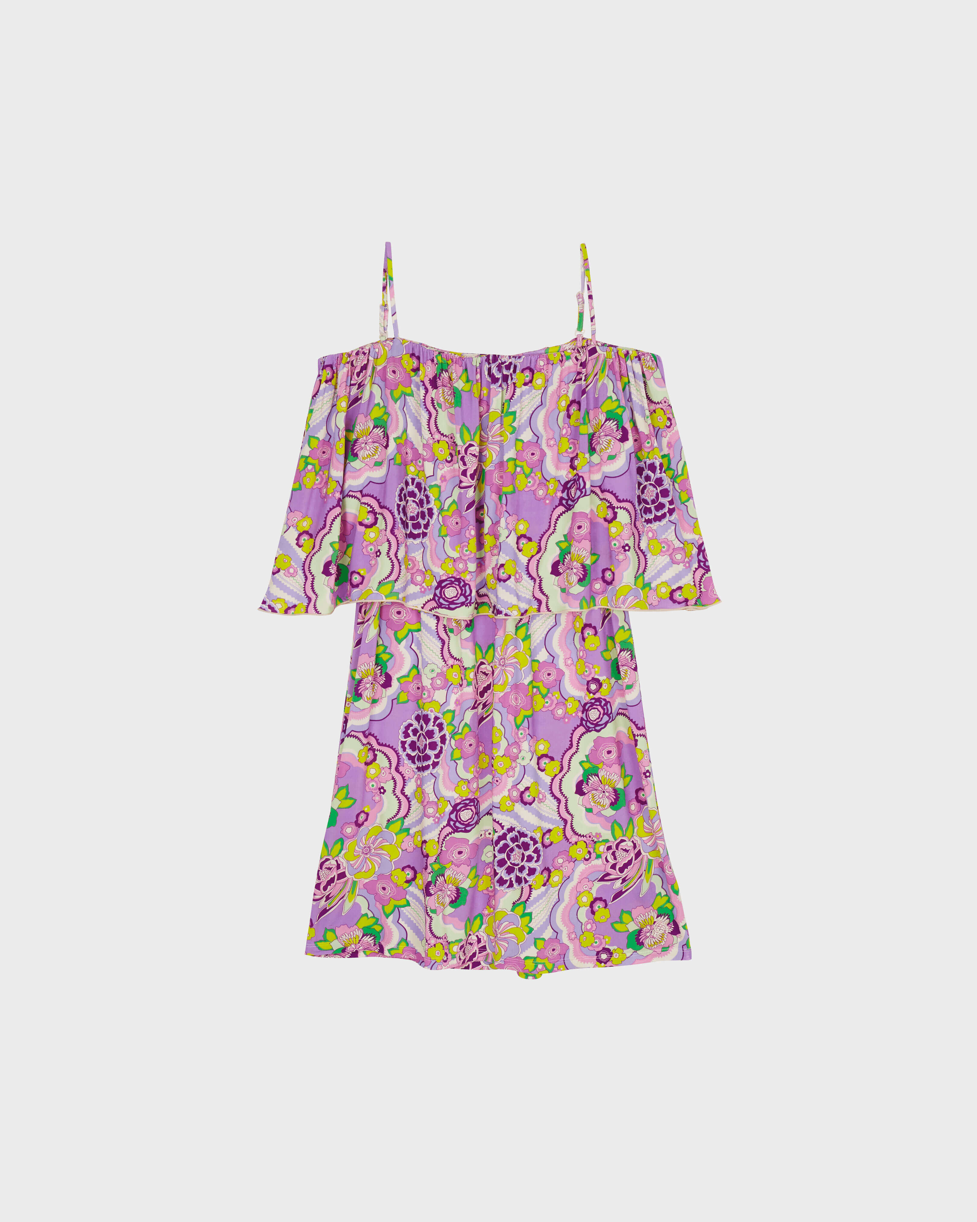 Vestido corto con hombros descubiertos y estampado Rainbow Flowers para mujer CYCLAMEN front view