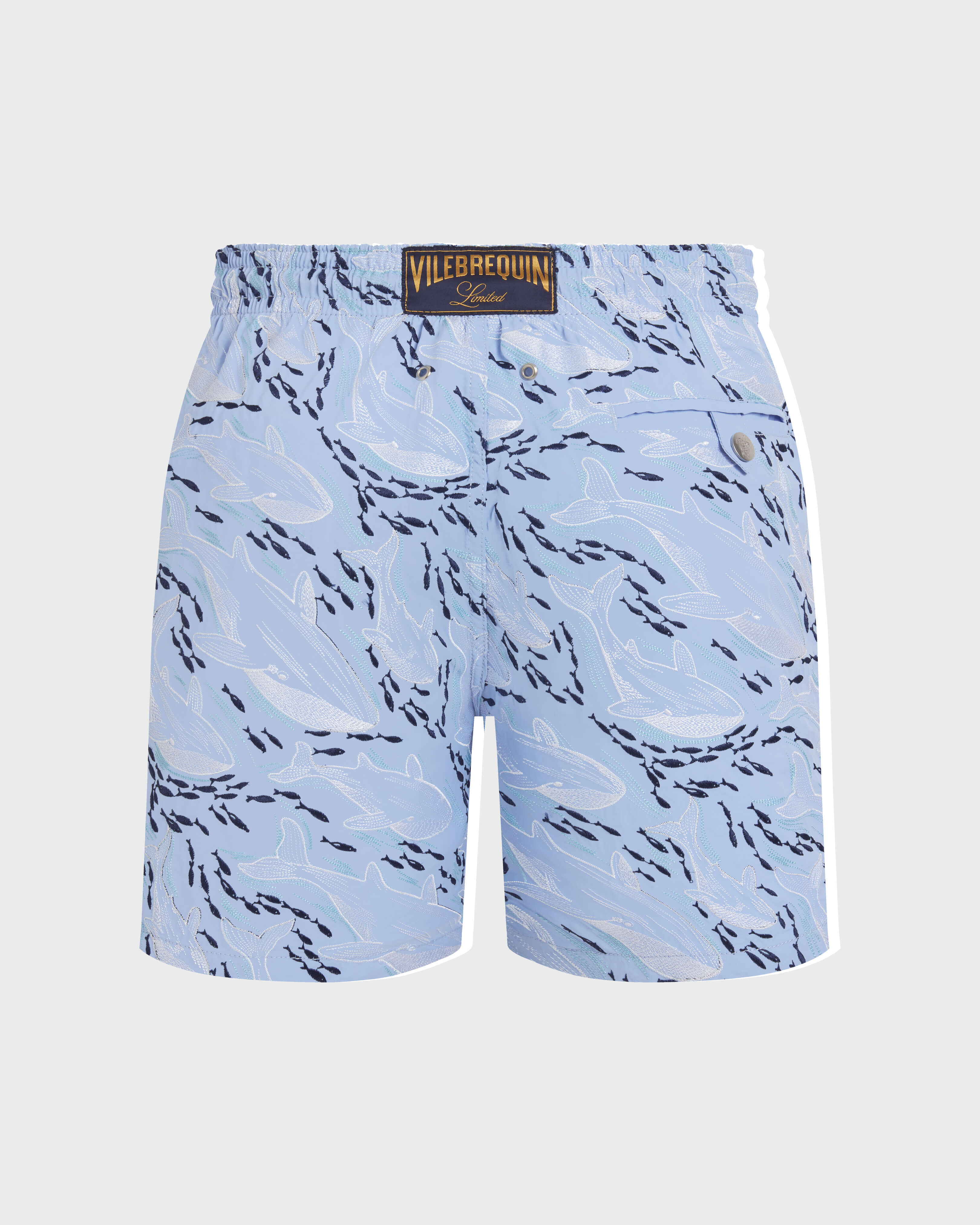 Men Embroidered Swim Trunks Whales Offset - Limited Edition FLAX FLOWER back view