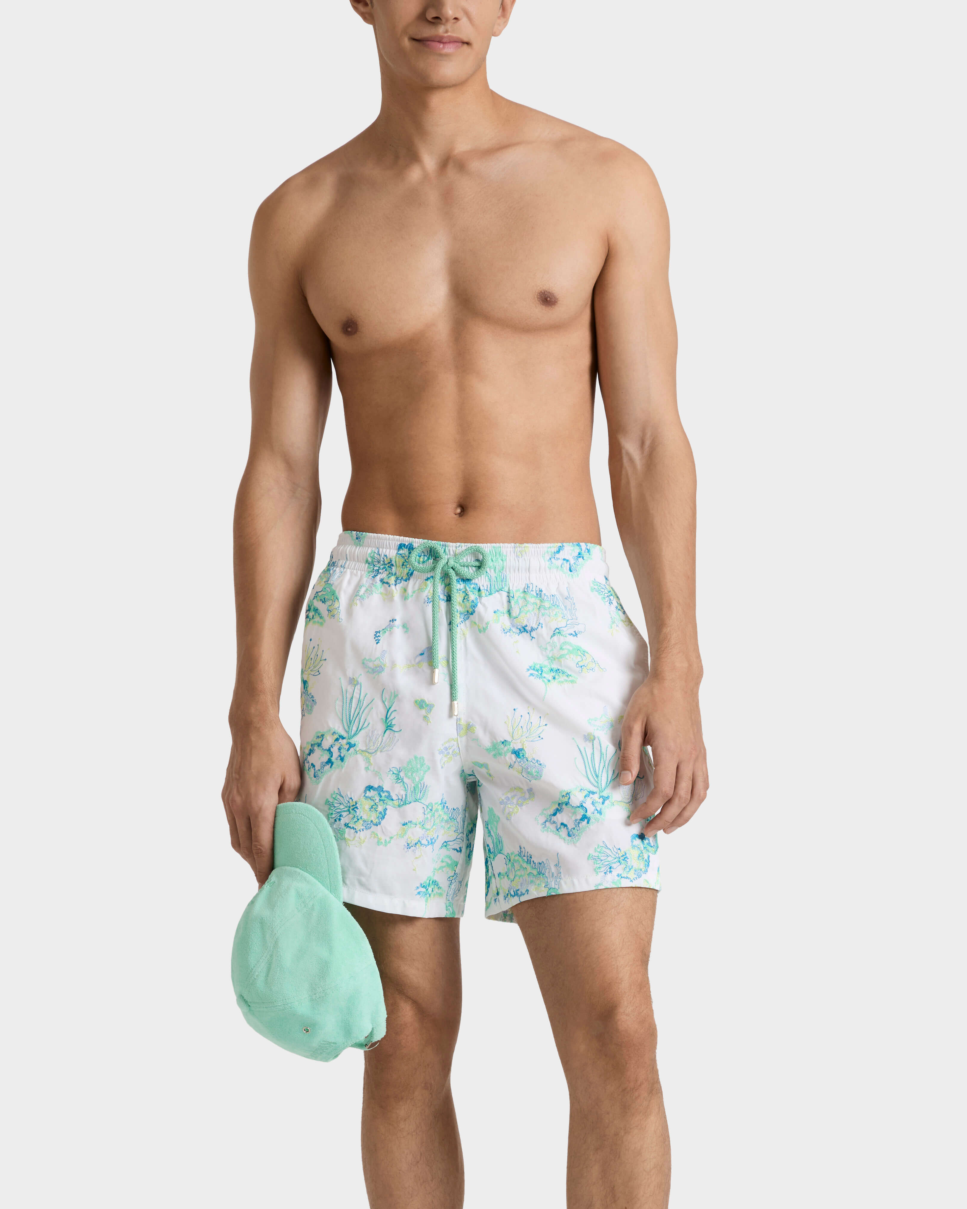 Men Embroidered Swim Shorts Coral Reef - Limited Edition BIANCO frontworn view