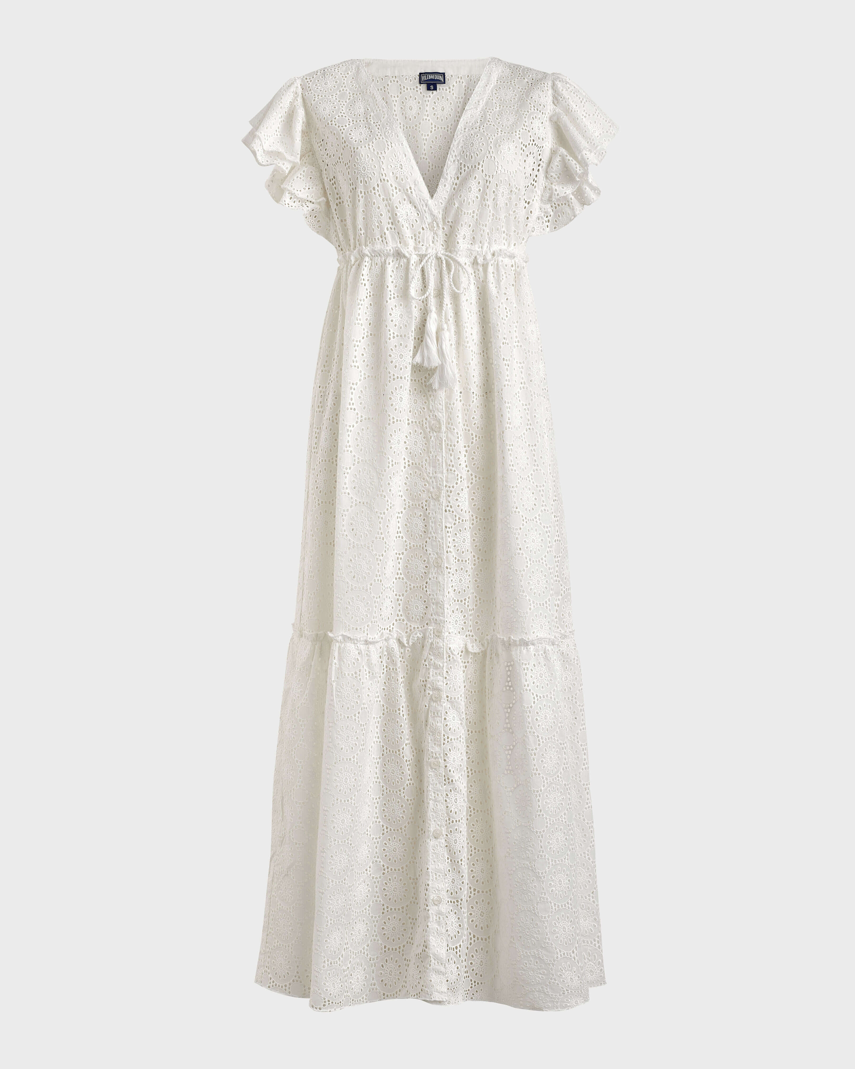 Women Long Cotton Dress Broderies Anglaises OFF-WHITE front view
