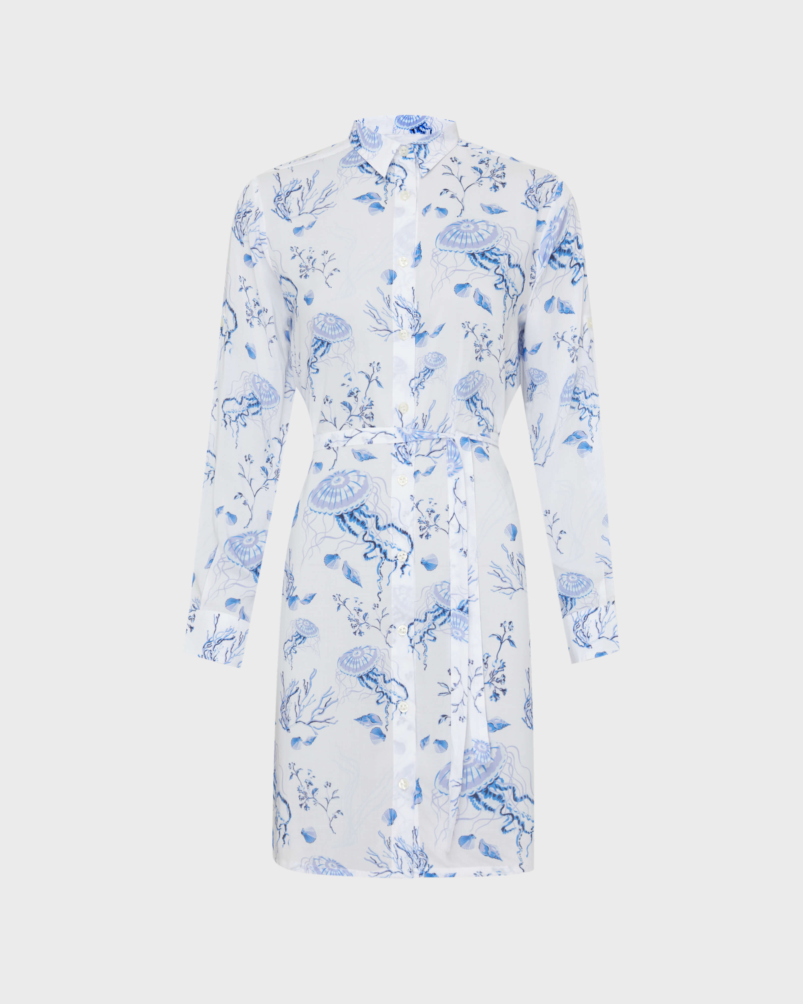 Women Viscose Shirt Dress Medusa and Shells WHITE front view