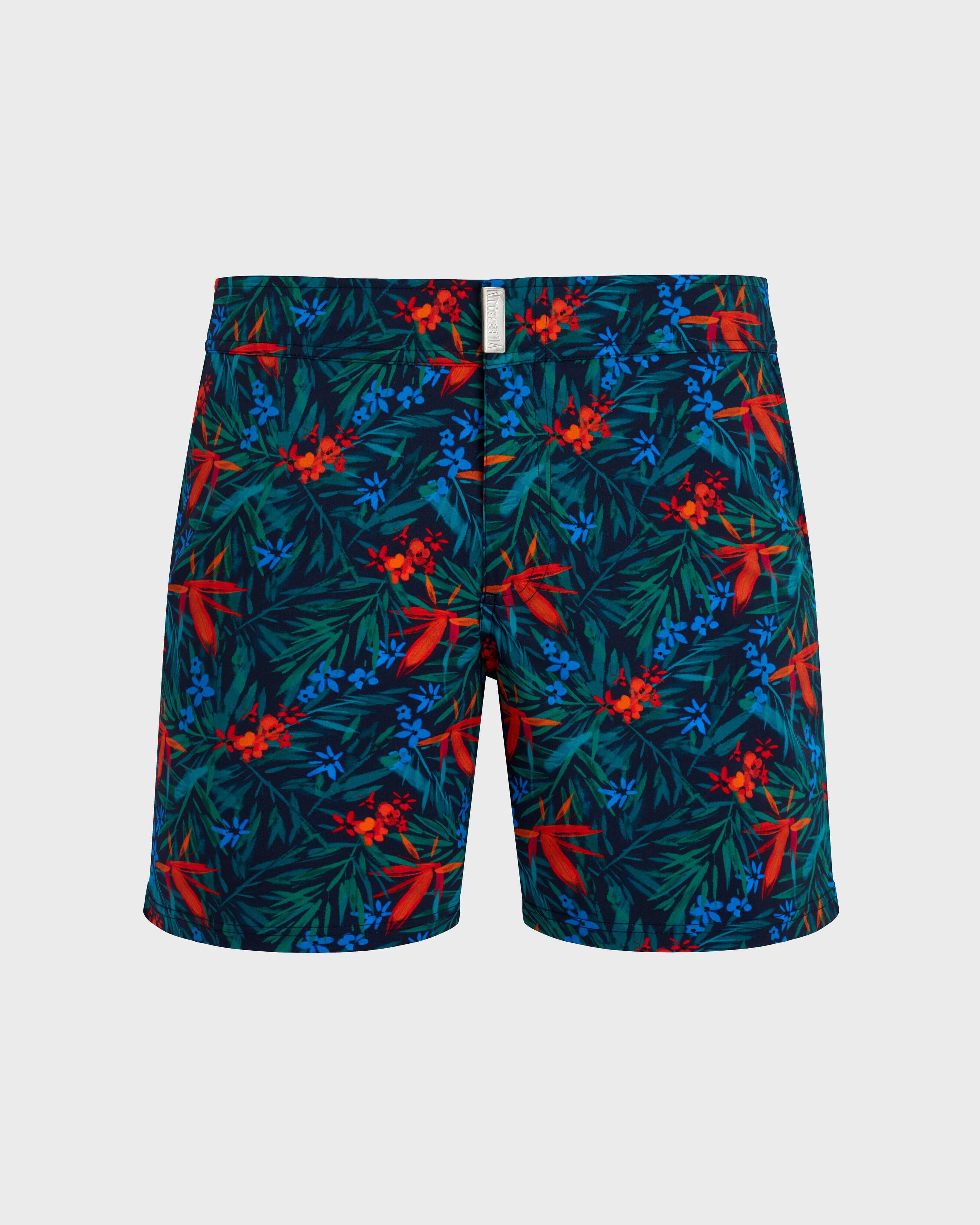Men Stretch Short Swim Shorts Flat Belt Tropical Flowers NAVY front view
