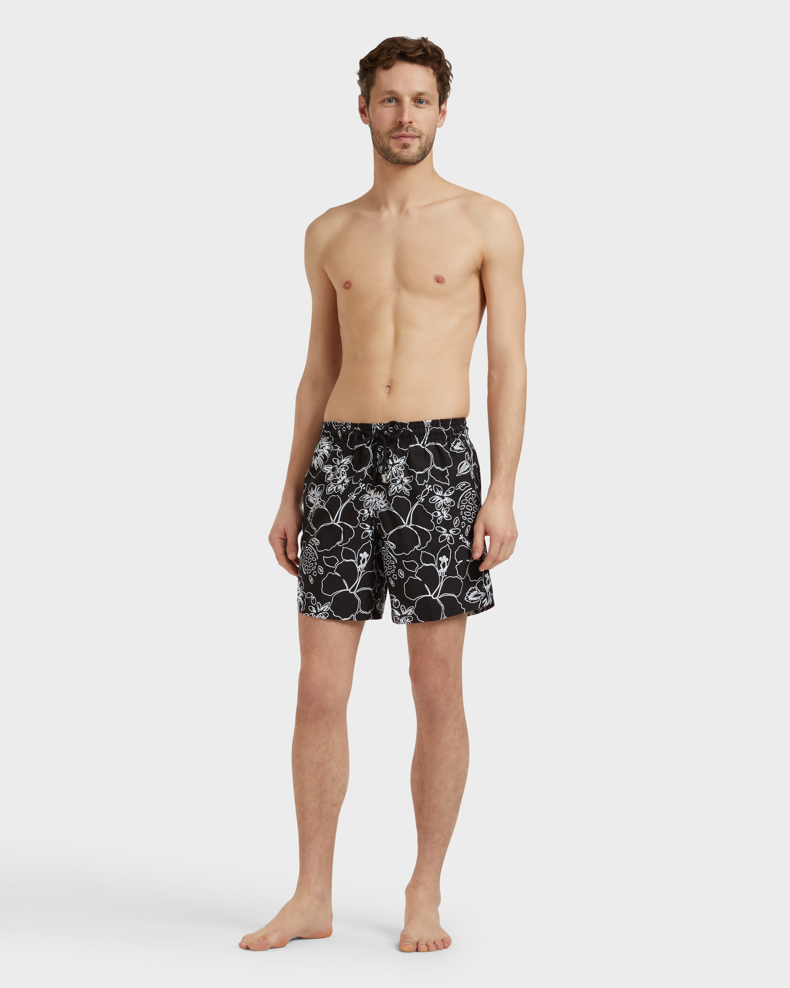 Men Swim Shorts Tropical Turtles Ink BLACK frontworn view