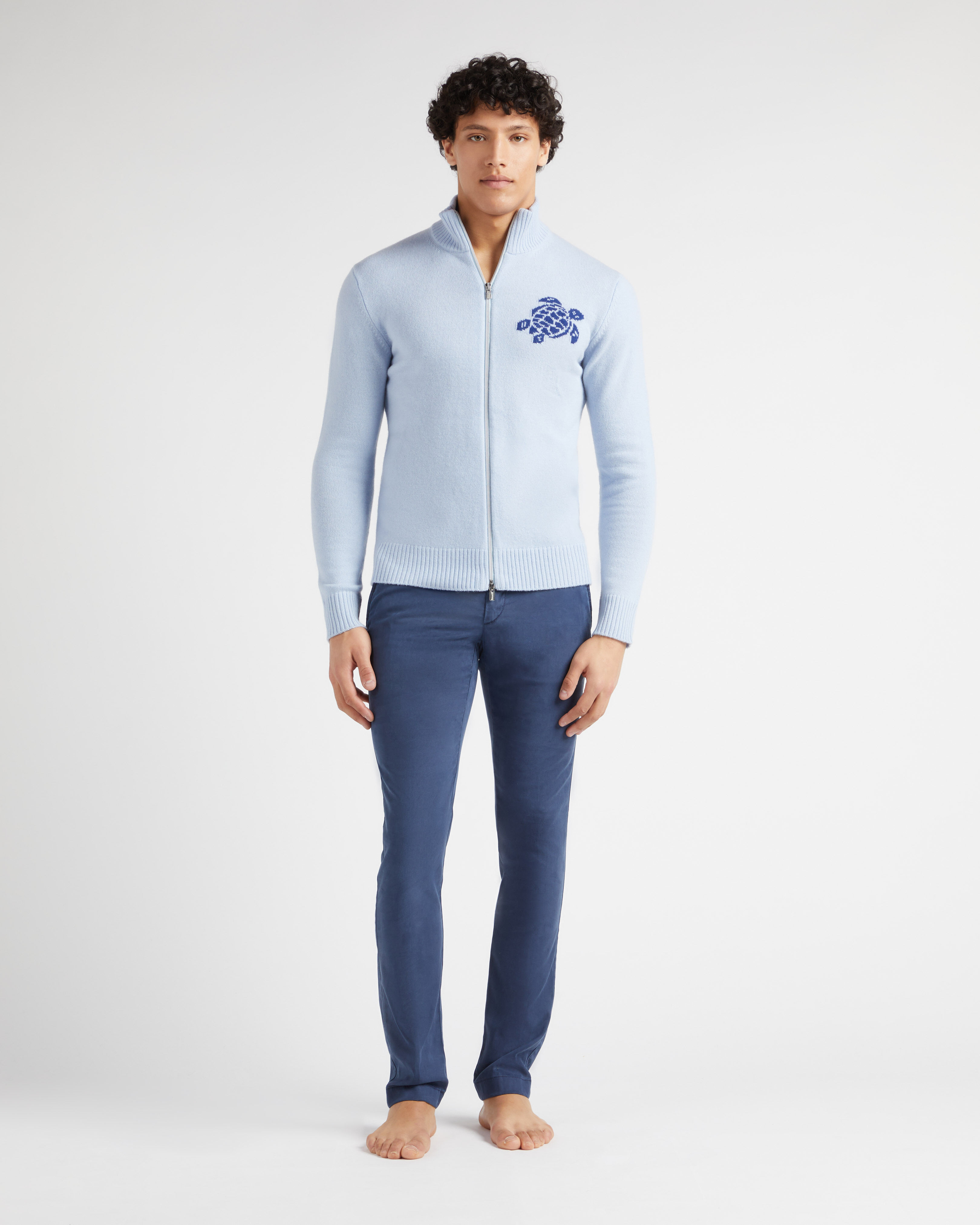 Men Wool Cashmere Full Zip Sweater Turtle TROPEZIAN BLUE frontworn view