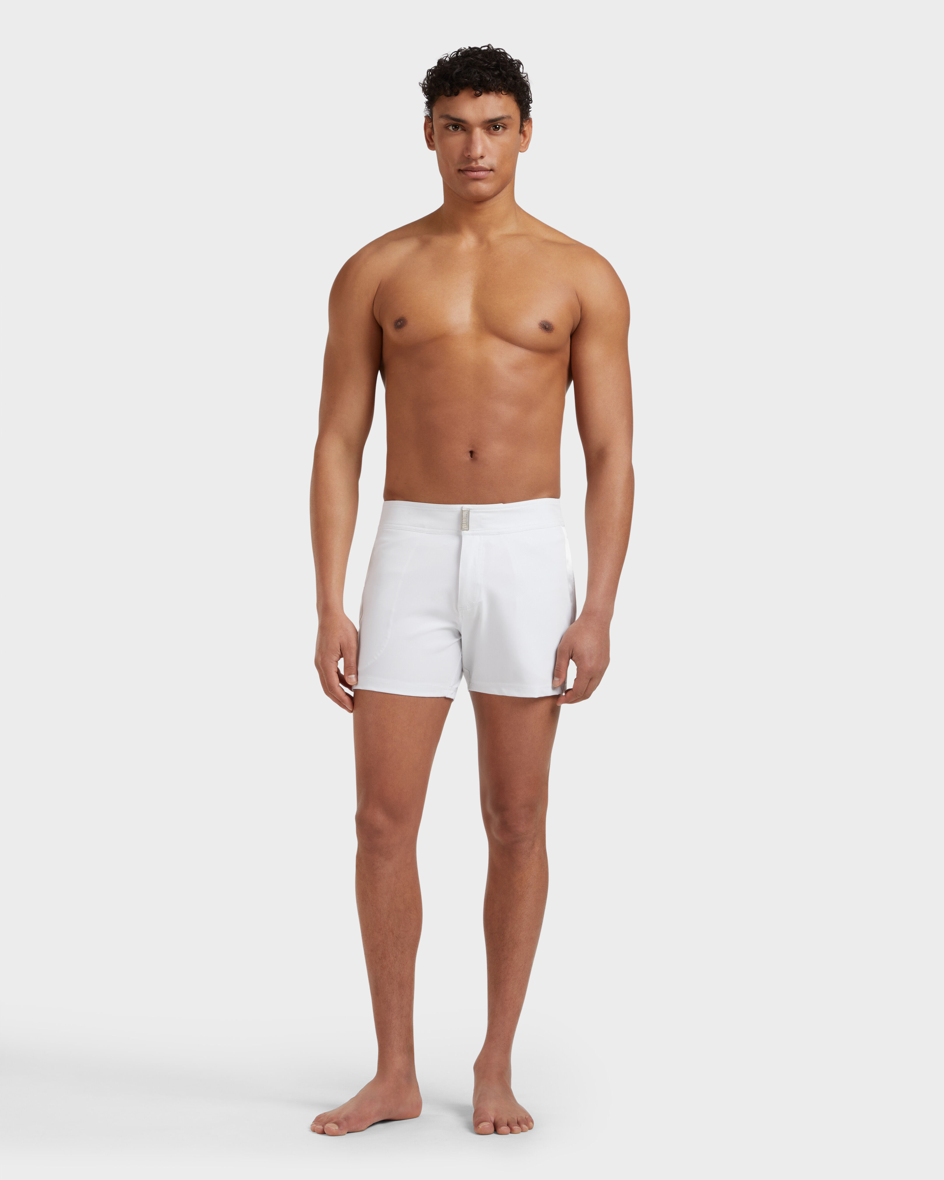 Men Flat belt Swim Shorts Tailoring WHITE frontworn view