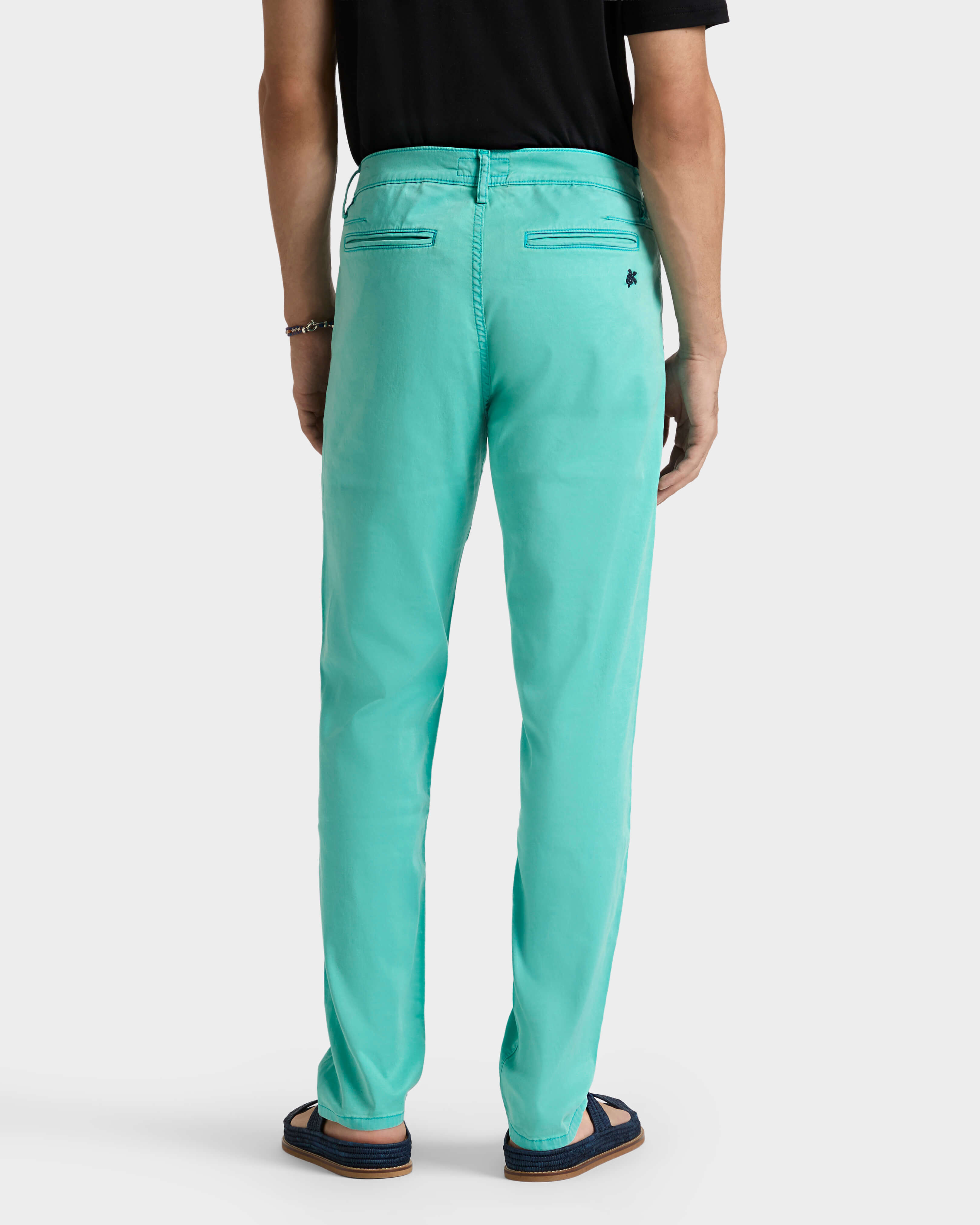 Men Tencel Satin Regular Pants DISCO GREEN backworn view