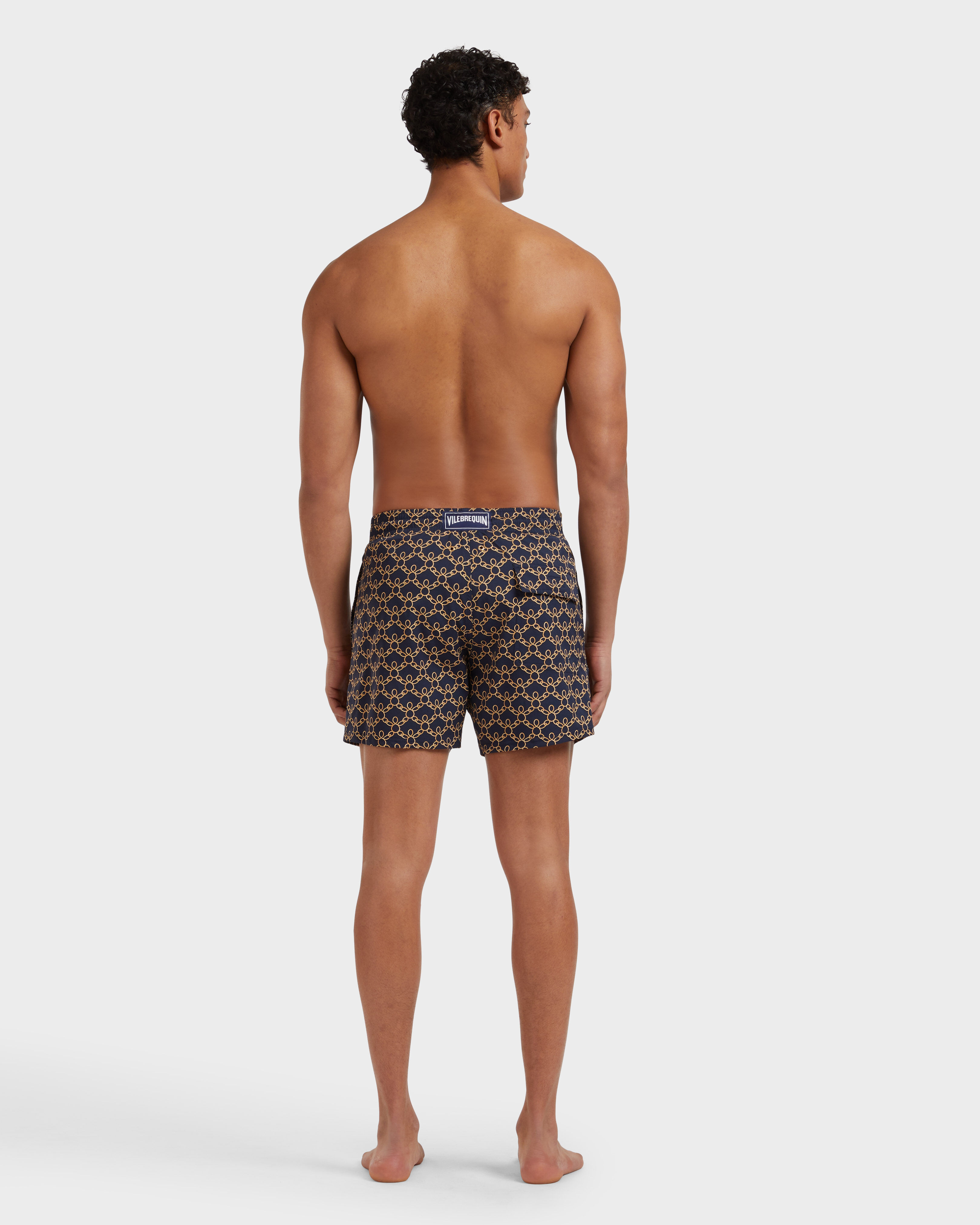 Men Stretch Short Swim Shorts Turtles Chains NAVY backworn view