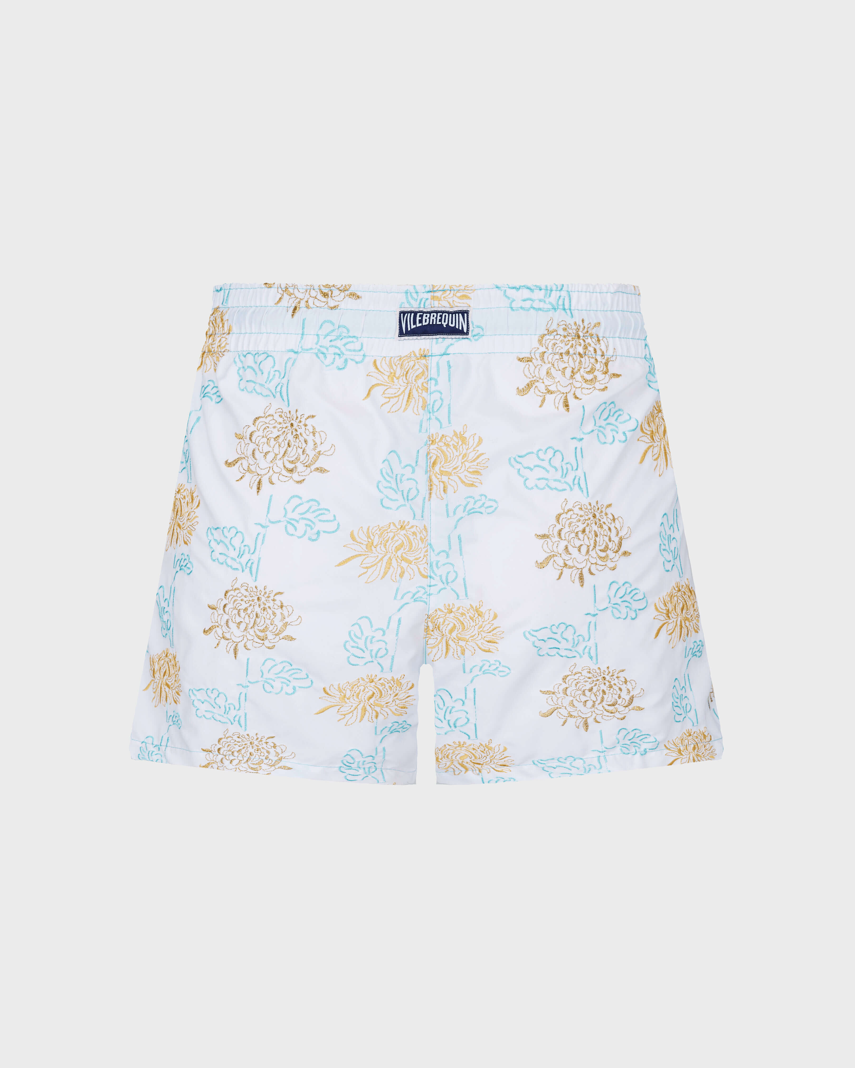 Women Swim Shorts Embroidered Iridescent Flowers of Joy WHITE back view