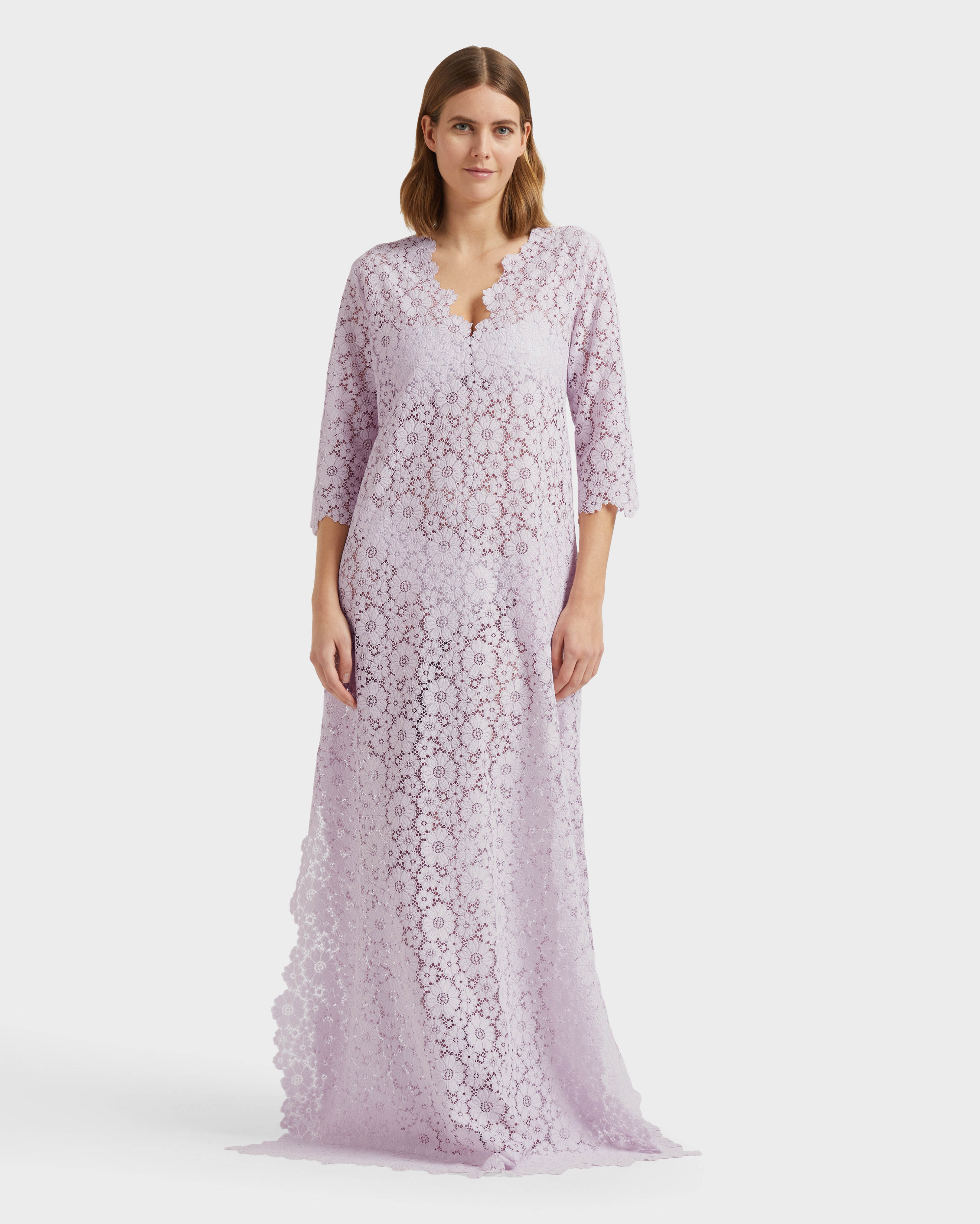 Women Guipure Kaftan Flowers Lace PETALE / PINK frontworn view