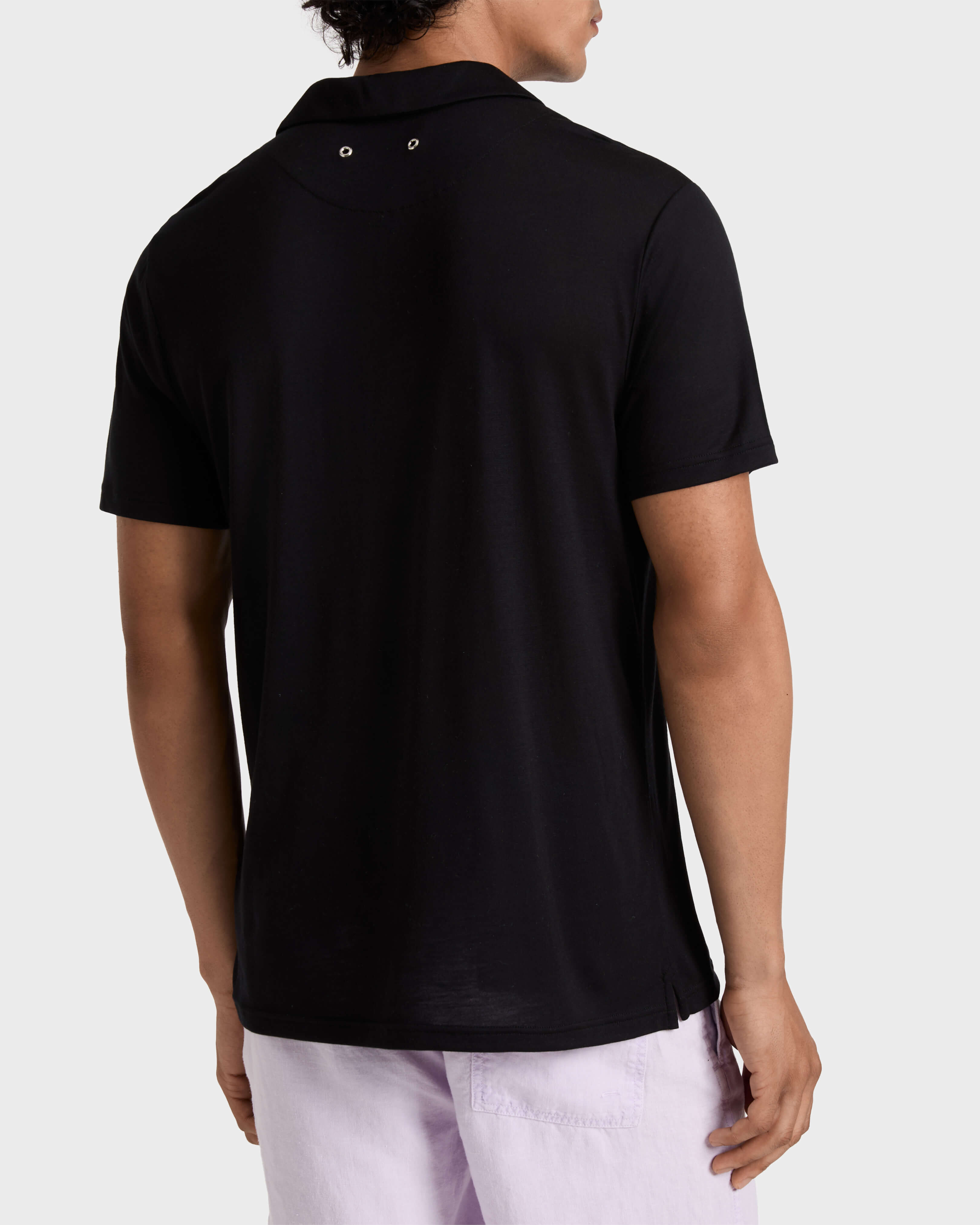 Men Tencel Polo Shirt Solid BLACK backworn view