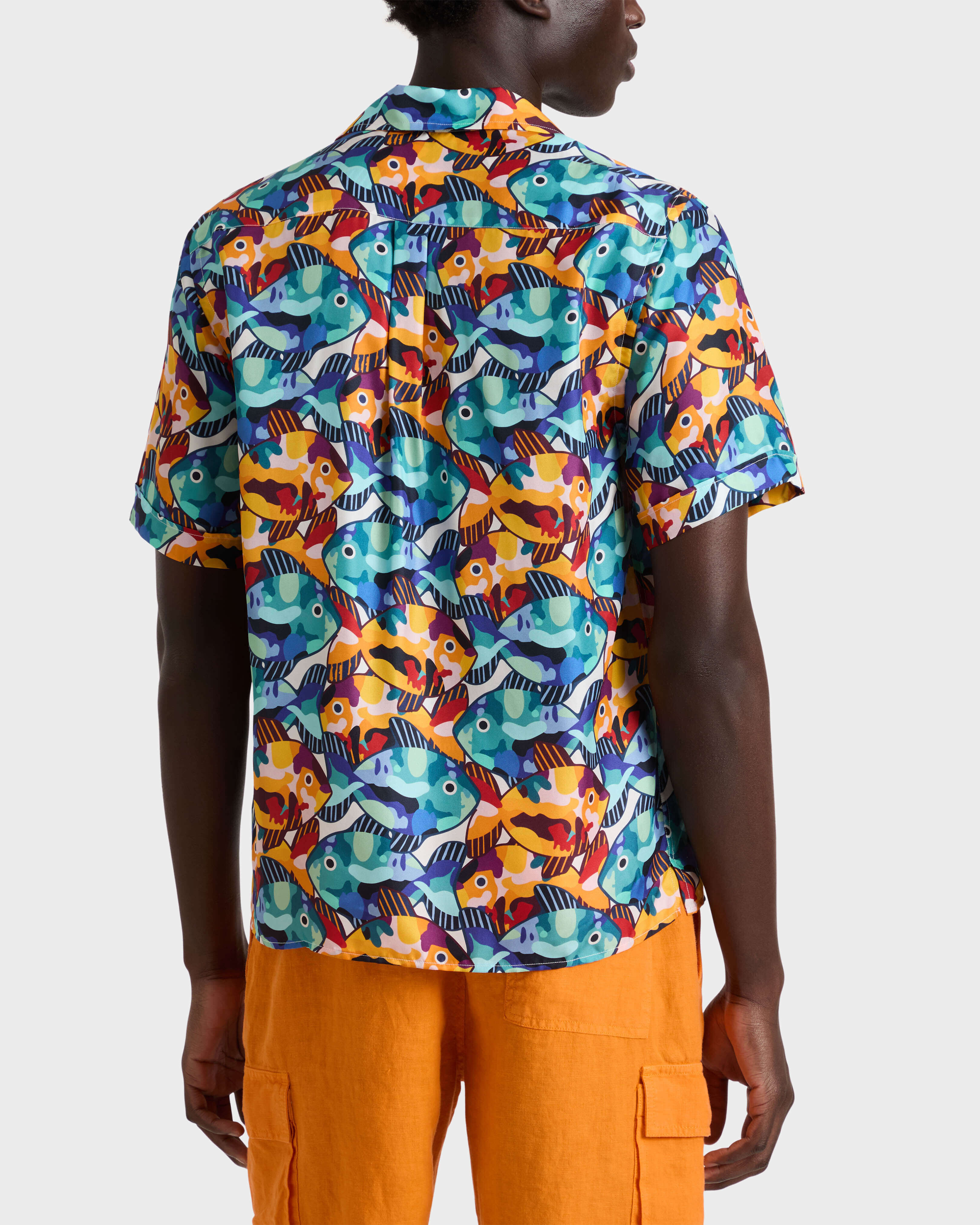 Men Silk Bowling Shirt Pacu WHITE backworn view